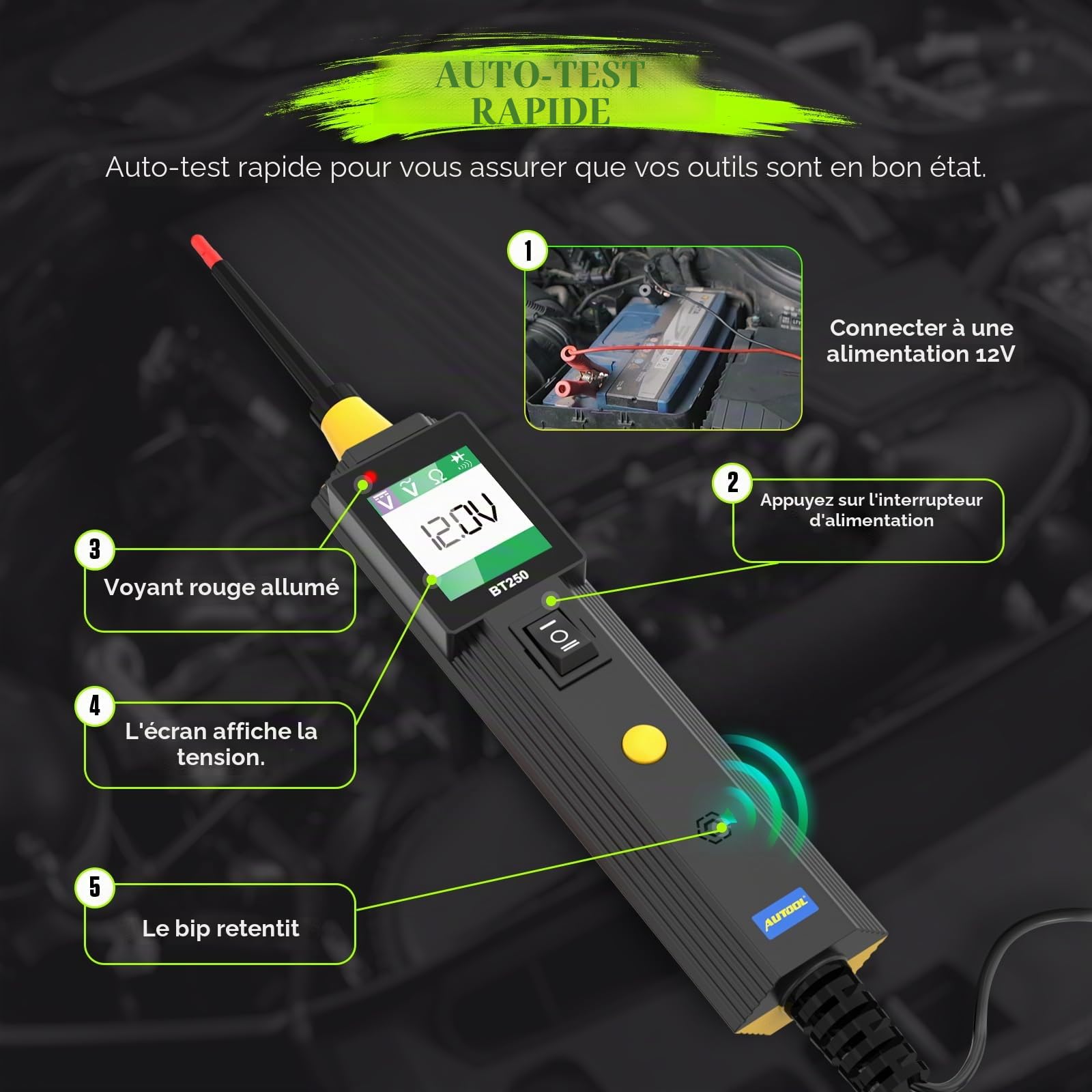AUTOOLTesteur de Système Électrique Circuit 0-70V AC DC Testeur de Tension,Détecteur de Circuit, Analyseur de Circuit,Test de Continuité, Test de Court-circuit, Identification de Polarité
