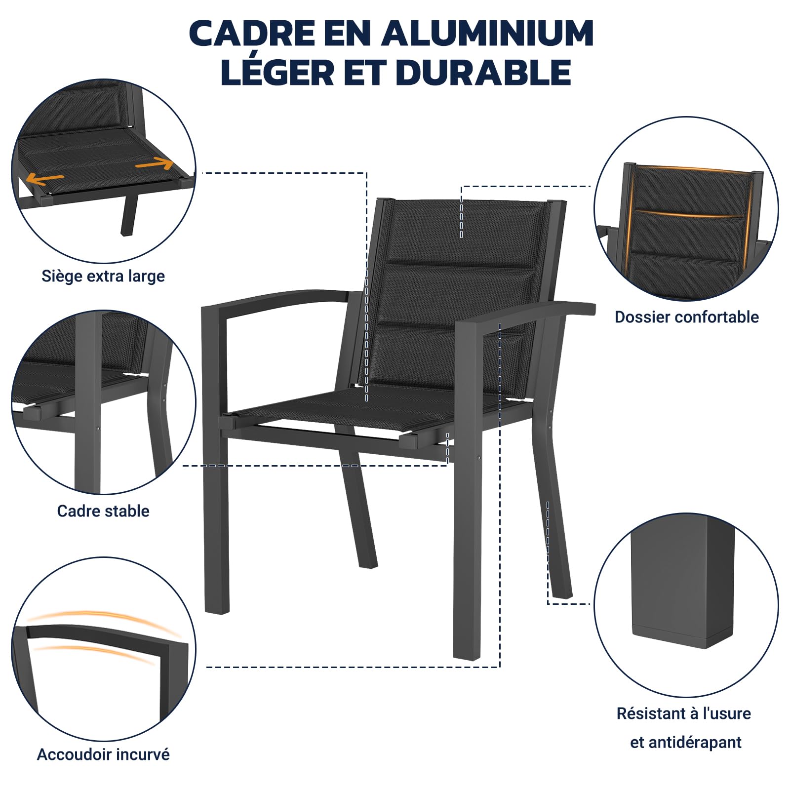 JUMMICO Lot de 2 Chaises de Jardin en Aluminium avec Assise et Dossier Moelleux ｜ Empilables ｜ Rangeables sous Table ｜ Charge 160 kg ｜ Idéales pour Salon de Jardin Extérieur, Cour et Balcon,Gris Foncé