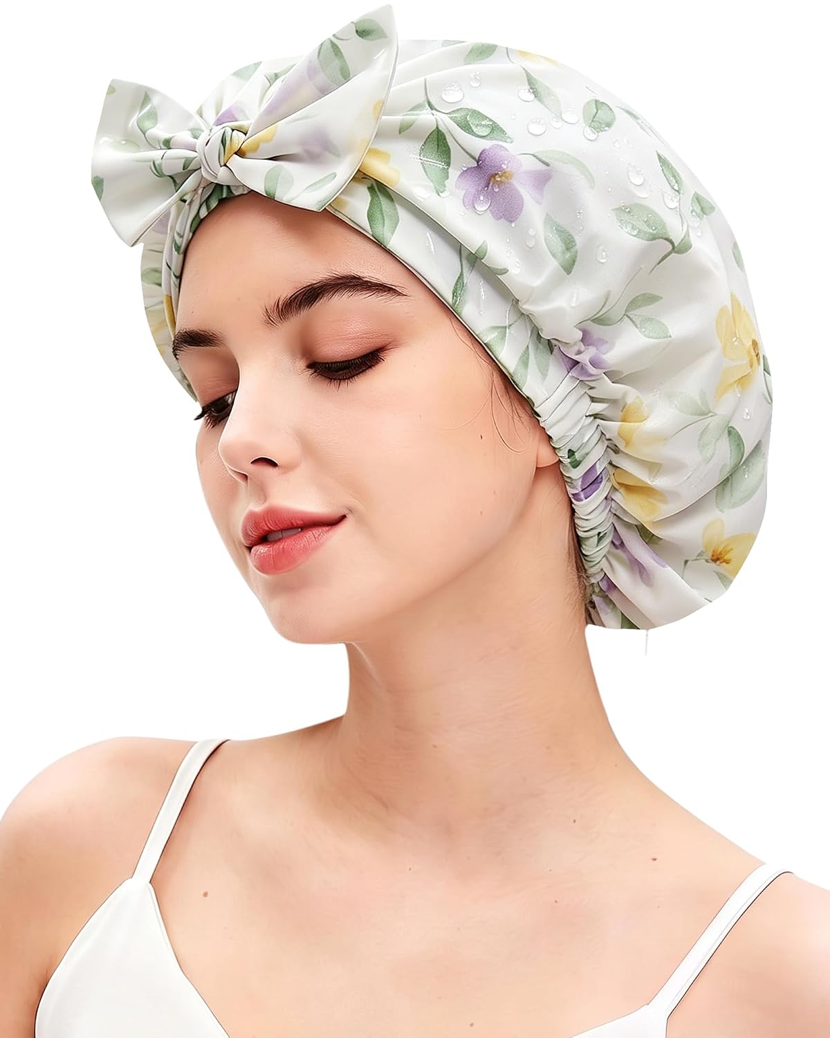Ababalaya Satin Lined Shower Cap for Women Waterproof, Wildflower, XL