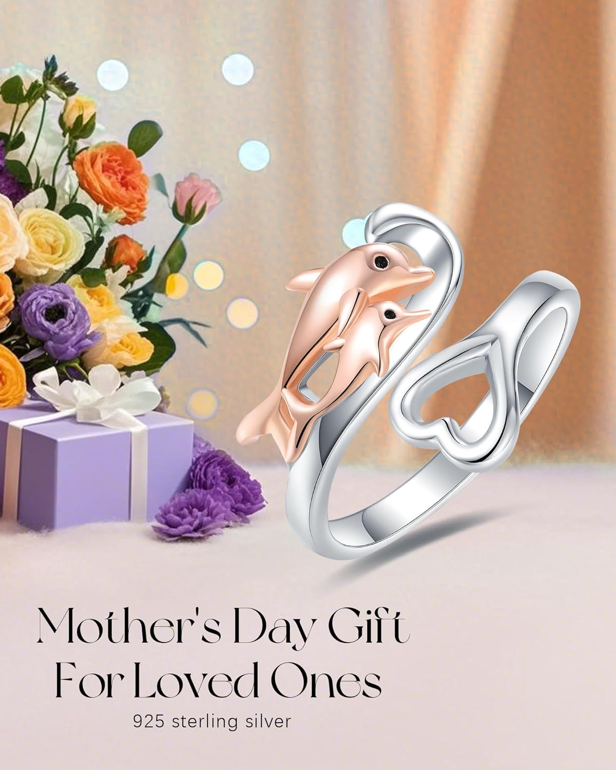 925-Sterling-Silver Heart Wave Dolphin Ring - Rose Gold Plated Mother Daughter Rings,Sea Ocean Cute Animal Dolphins Gifts for Women,Mothers Day Jewelry Gifts for Mom - Image 2