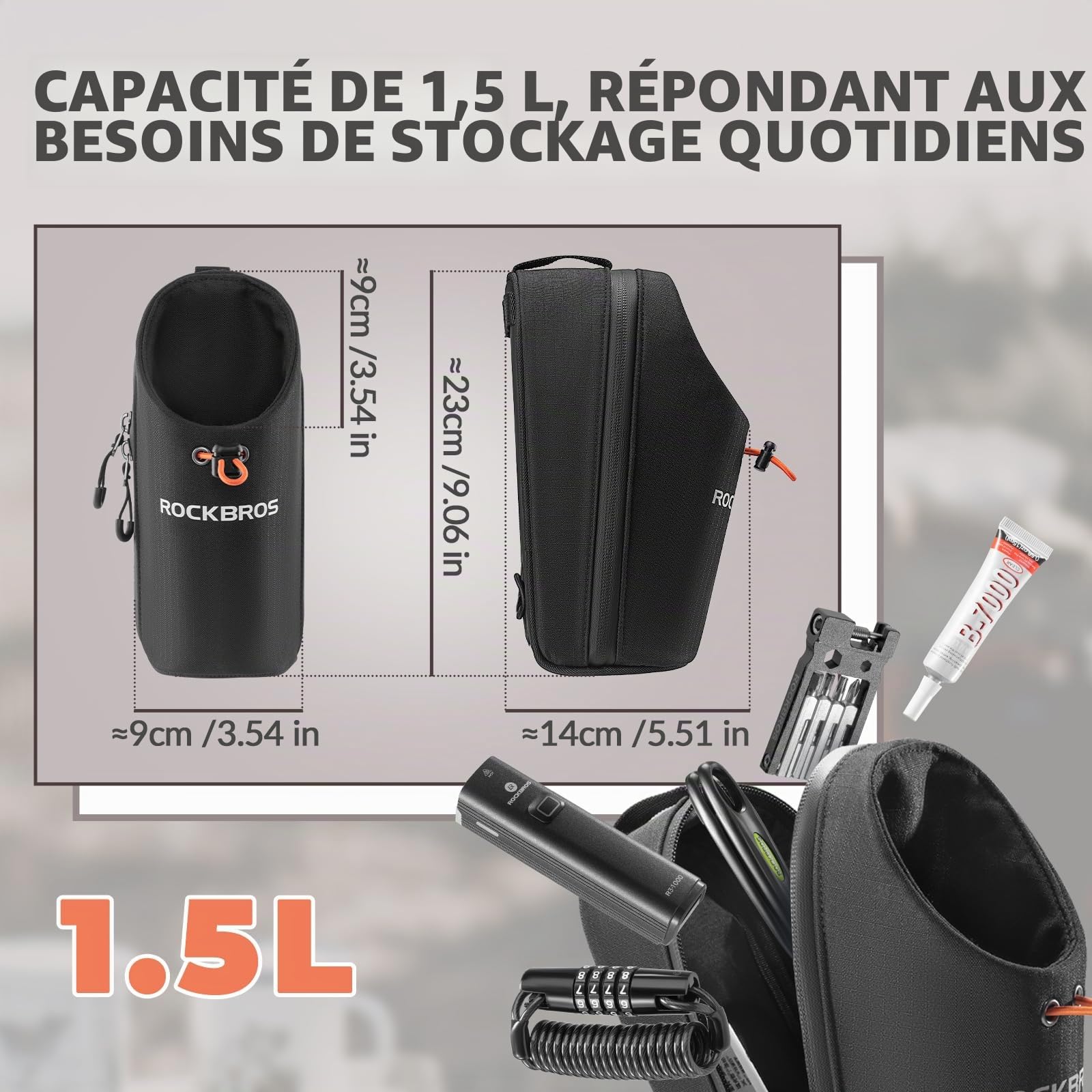 ROCKBROS Porte-Bidon Vélo Pliant Sacoche Avant Bidon 1,5L Guidon Calibre Réglable Jusqu'à 8cm Sac Petit Boisson Parapluie Lunettes Gants pour Scooter Trottinette Électrique VTT Blanc