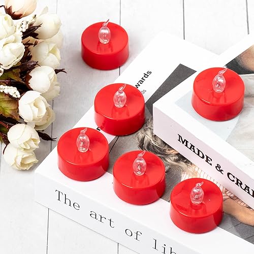 Miniatura 5 de Windshell 24 velas de té con llama parpadeante roja real (LED rojo en el interior), velas LED que funcionan con pilas, velas pequeñas rojas sin