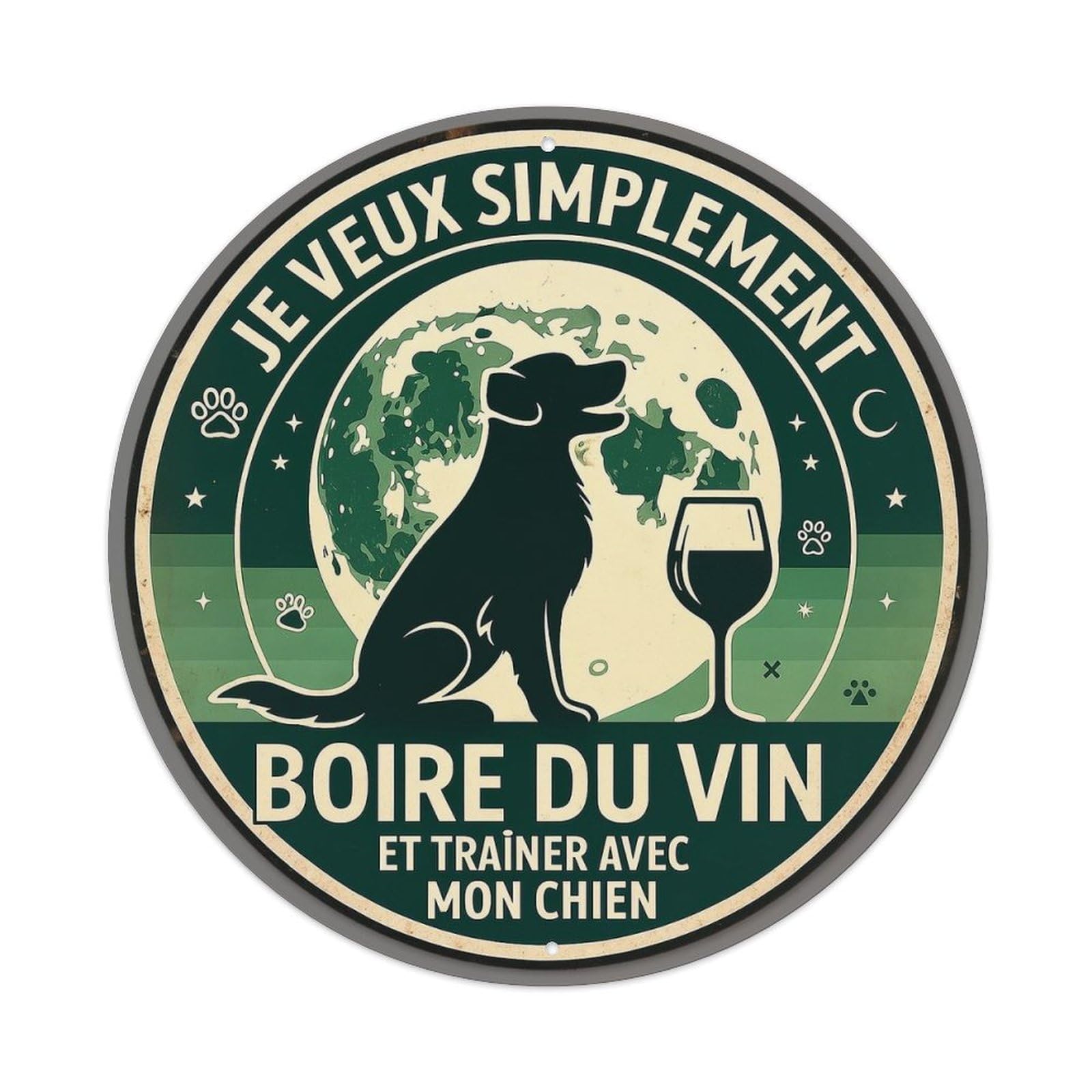 Dog Wine Earth Paw Stars Vintage Round Tin Sign Retro Metal Wall Decor Metal Poster, Home Bar Garage Cafe Wall Art Decoration 8x8Inches
