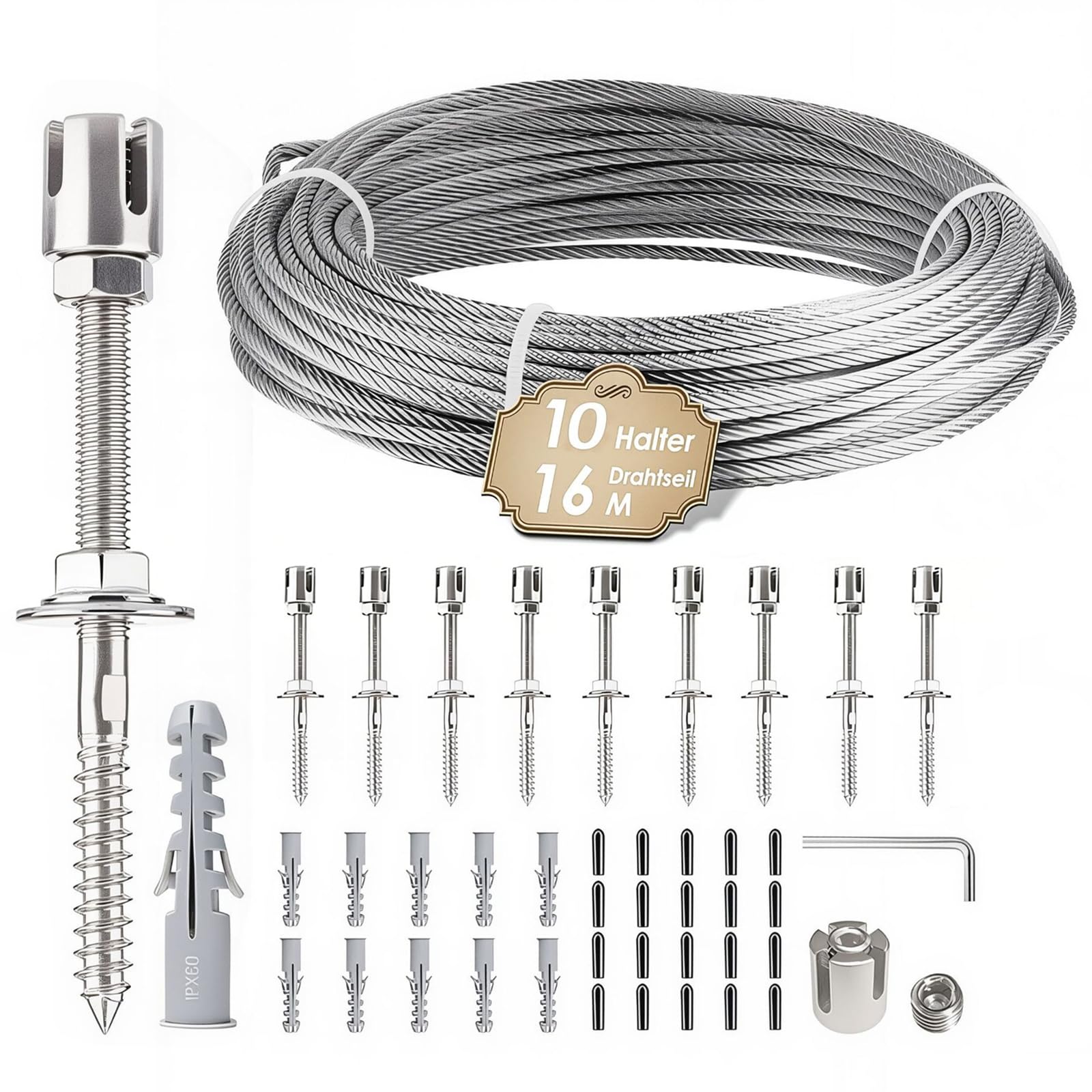 Rankhilfe Metall Edelstahl für Kletterpflanzen, 16m Kletterhilfe Stahlseil | Rankhilfe Wand Pflanzen Set mit 3 mm Durchmesser Seil&10 Halter, Rankgitter Ddelstahl Seilsystem für Garten/Mauer/Beton/Zaun