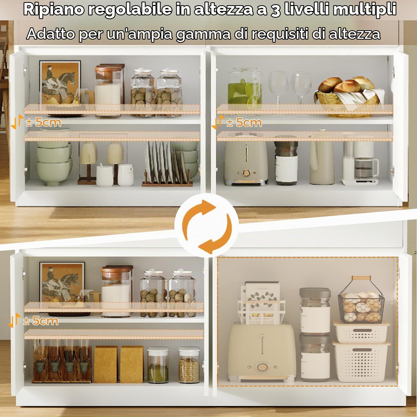 BEWISHOME Credenza Cucina, Credenza Soggiorno, Presa con Elettrica Bianco | 140×80×40cm Mobile cucina con 2 Cassettie 4 Ante Mobile Buffet Ripiani Regolabili Stile Modernoper Ambiente Pranzo Soggiorno