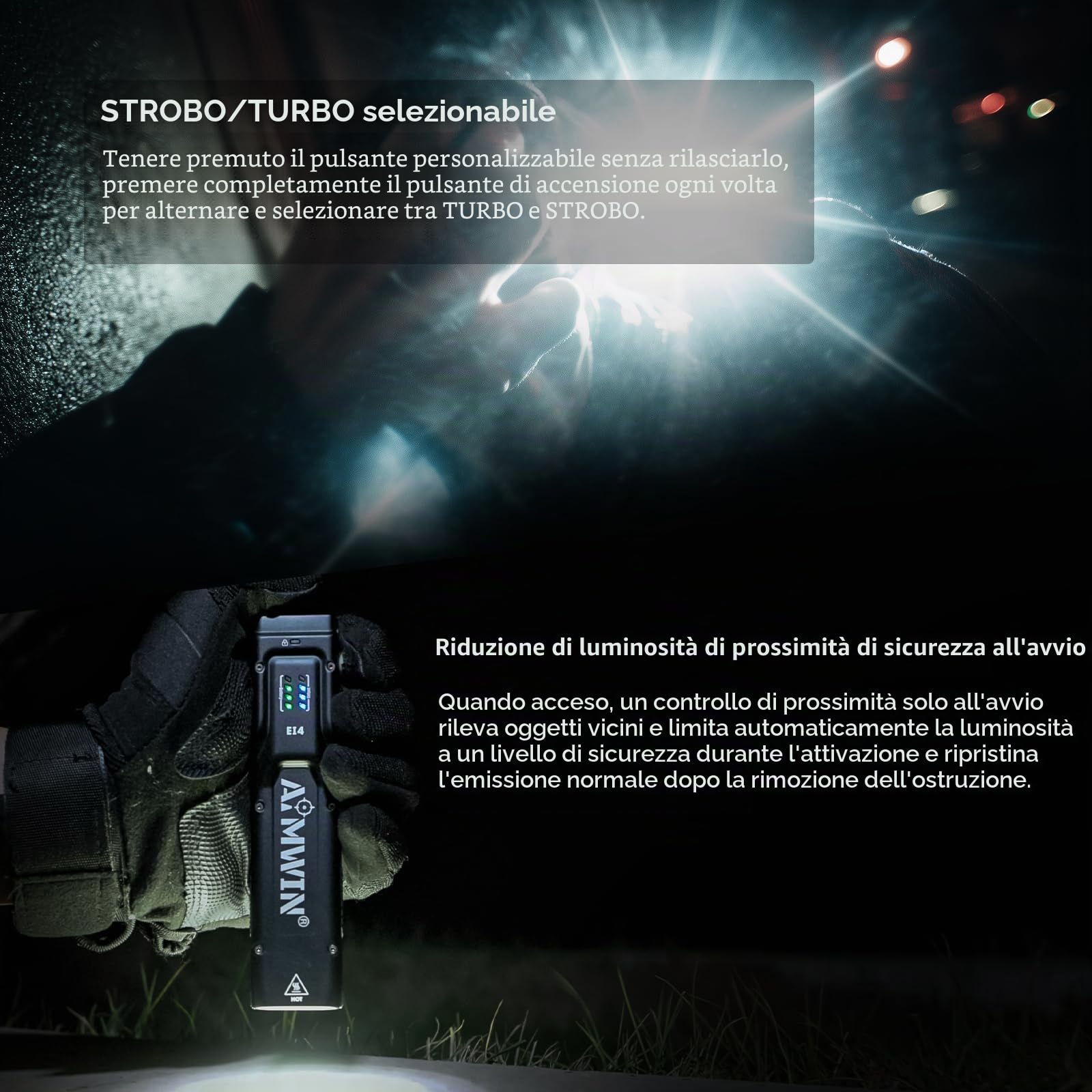 AIMWIN EI4 Torcia EDC LED Potente 3000 Lumen Torcia Ricaricabile USB C Portata 300m Torcia Tattica Piatta per Outdoor Campeggio Sicurezza Doppio Interruttore Posteriore Turbo Stroboscopio