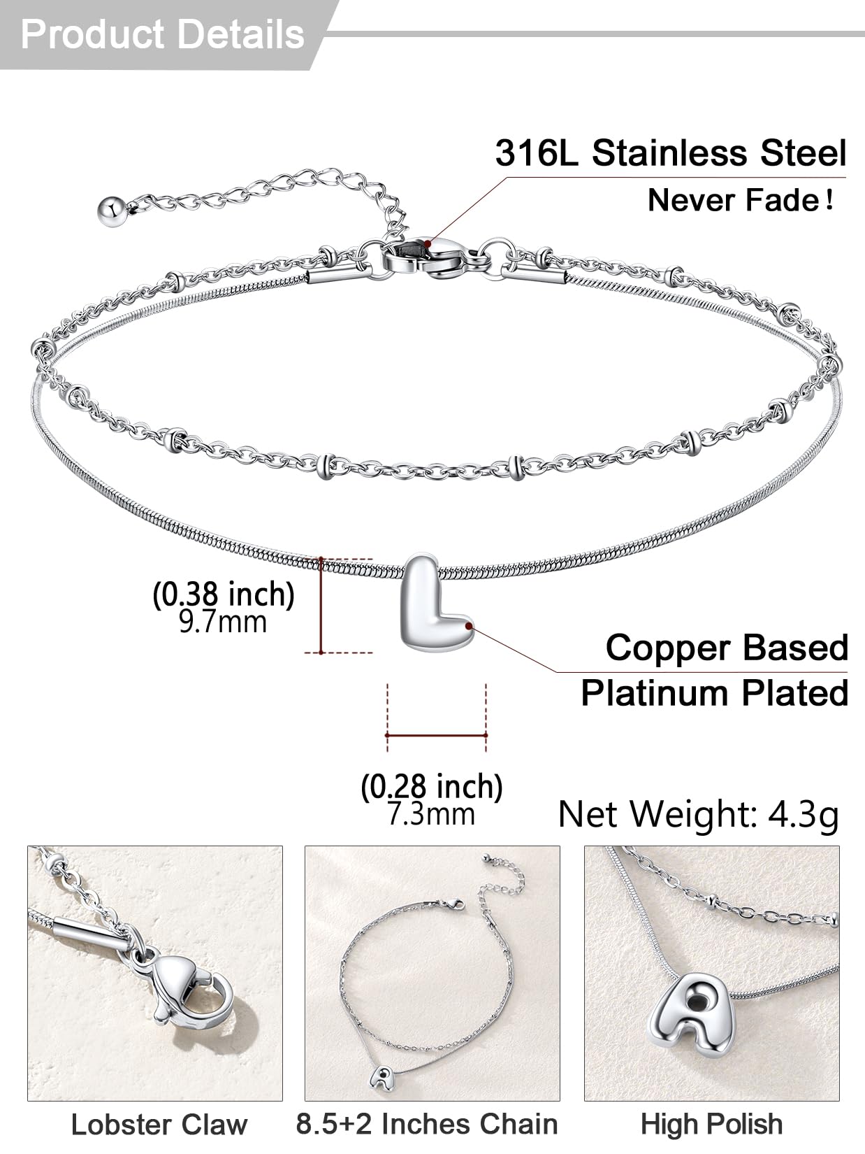 U7 Bracciale Cavigliera Donna con Ciondolo Iniziale A-Z Personalizzato in Acciaio Inossidabile, Doppio Strato con Lettera Colore Argento/Oro Lunghezza 22+5cm, Gioielli Impermeabili per Estiva