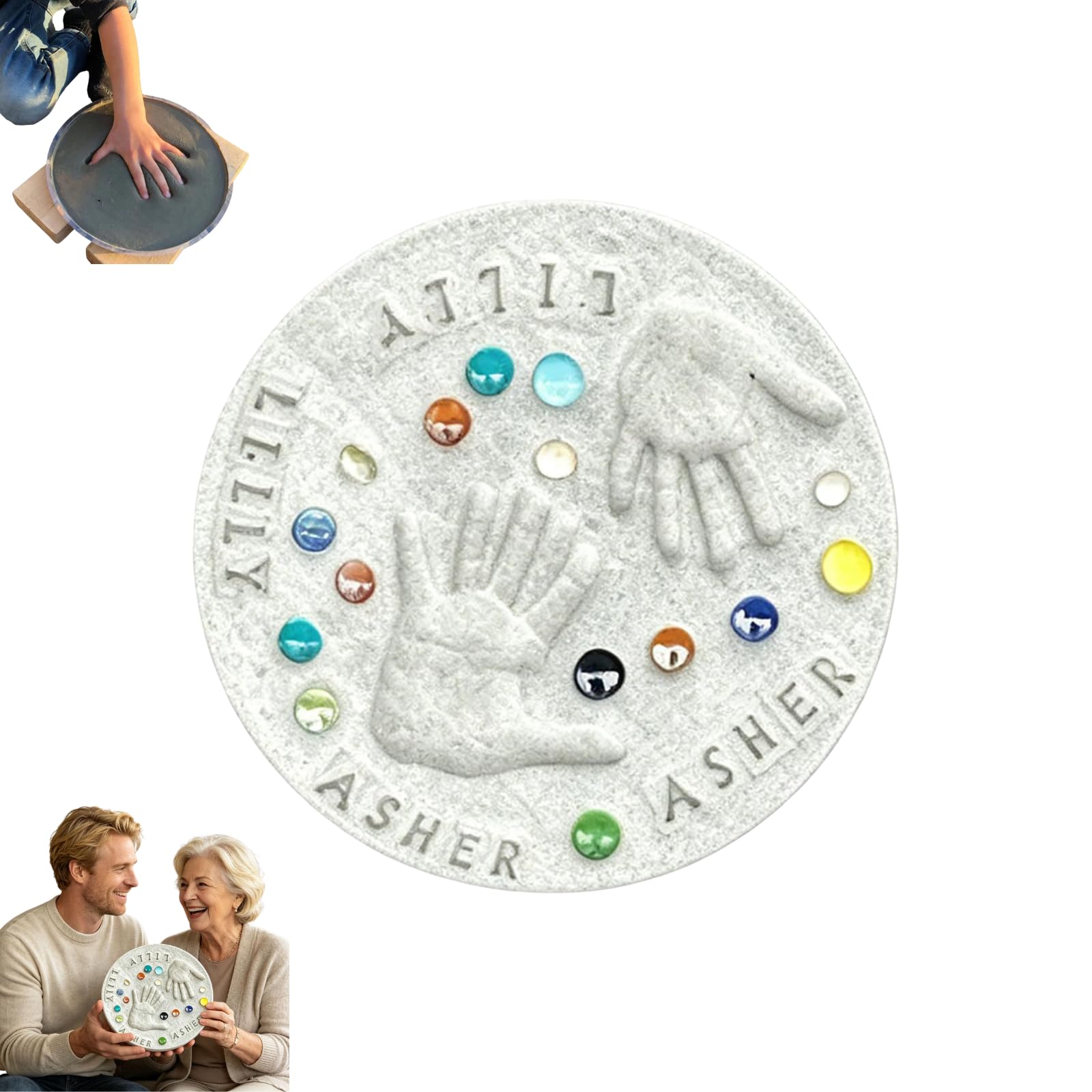 Mother's Day DIY Handprint Stepping Stone Kit, Large Garden Stepping Stones for Kids and Family Keepsake, Indoor Outdoor Concrete Craft Set with Letter Stamps and Coloured Stones (White_35cm)