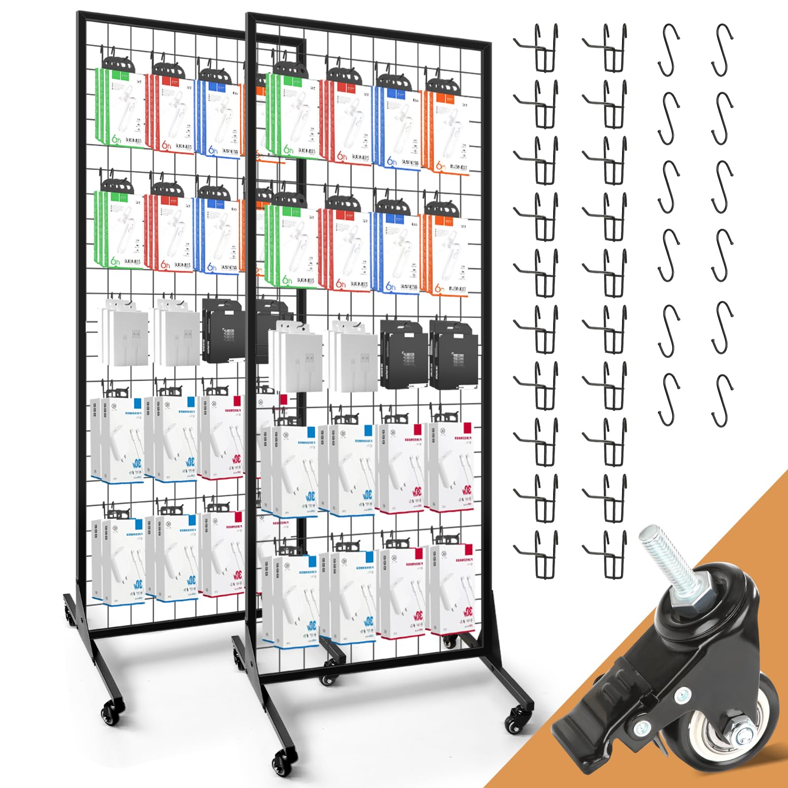 SEPTBOT 2-Pack Grid Wall Panels with 32 Hooks,Gridwall Panel Display Stand with Silent Wheels,Heavy Duty Floor Standing Retail Display Rack for Retail Art Show