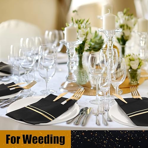 Miniatura 7 de Paquete de 50 servilletas desechables de lino con bolsillo integrado para cubiertos forrados con ribete dorado, servilletas de papel como