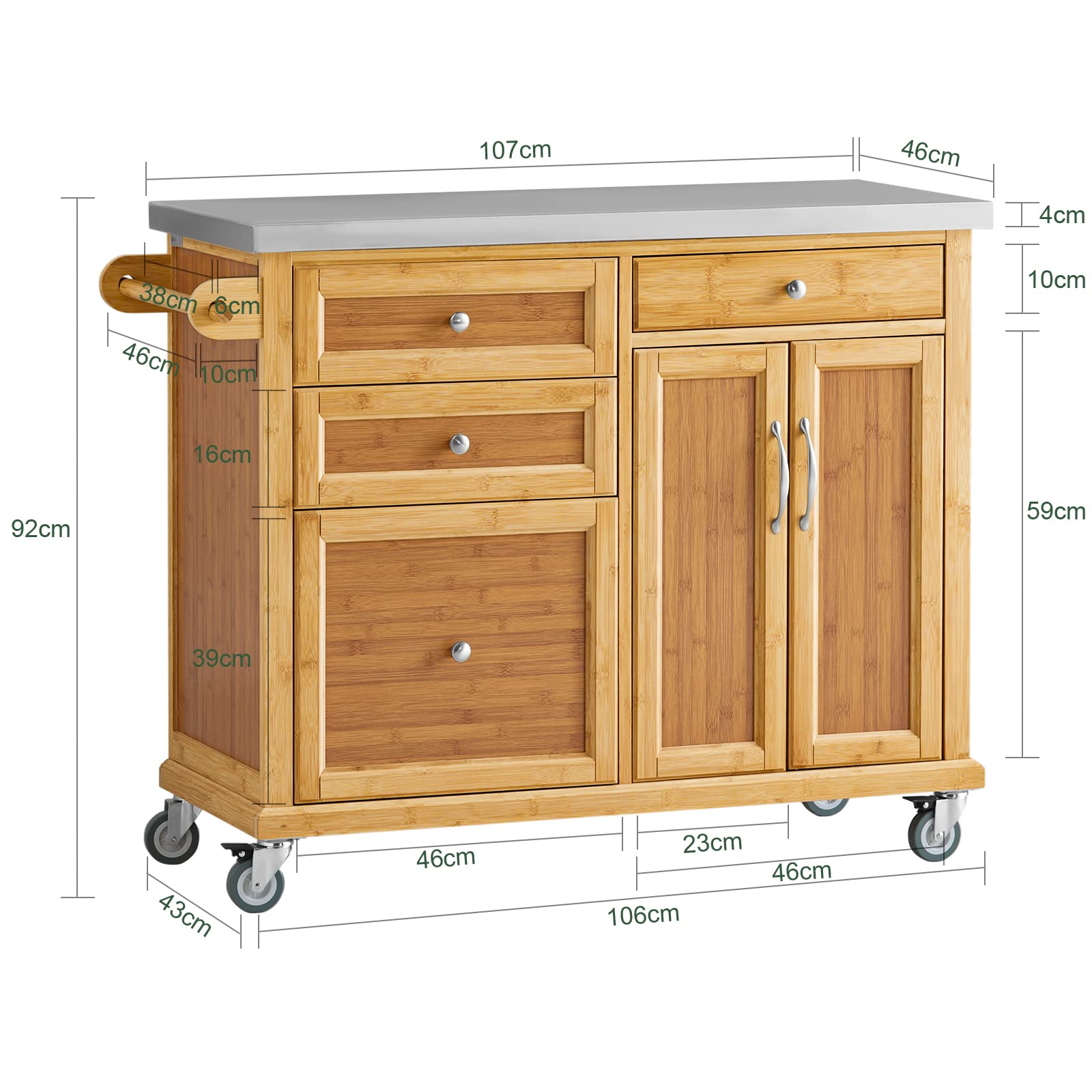 SoBuy Desserte de Cuisine à roulettes, Plan INOX & Freins, 115x92x46cm