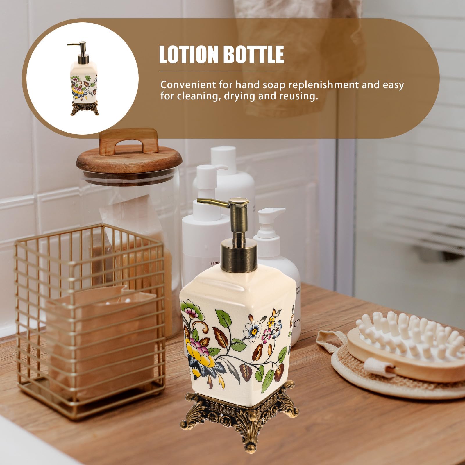 Dispensador de Jabón de Cerámica Vintage 340ml, Botella Prensa