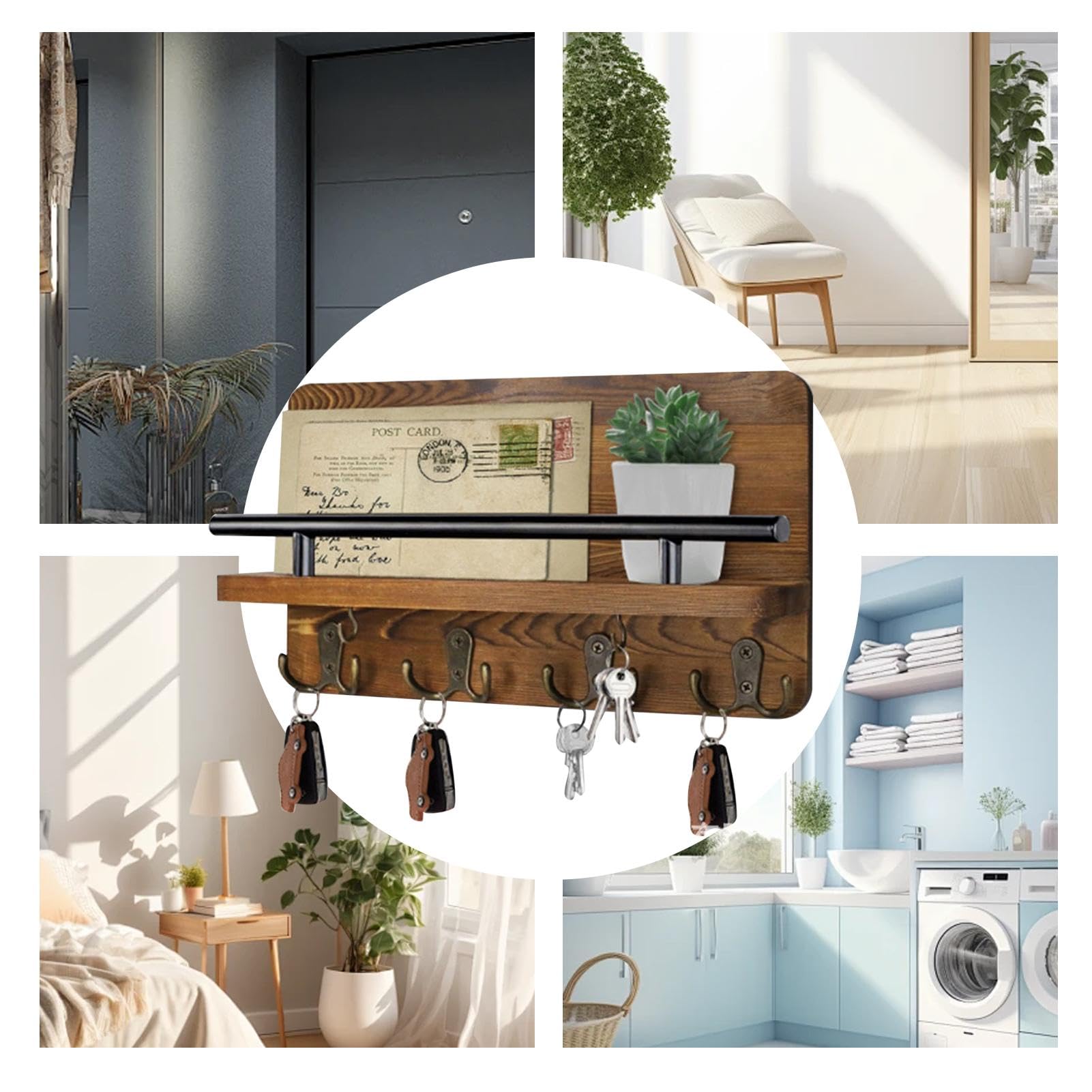 Support Mural En Bois Pour Clés Et Courrier - Avec étagère De Rangement - Organisateur D'entrée, Décoration Murale - 9