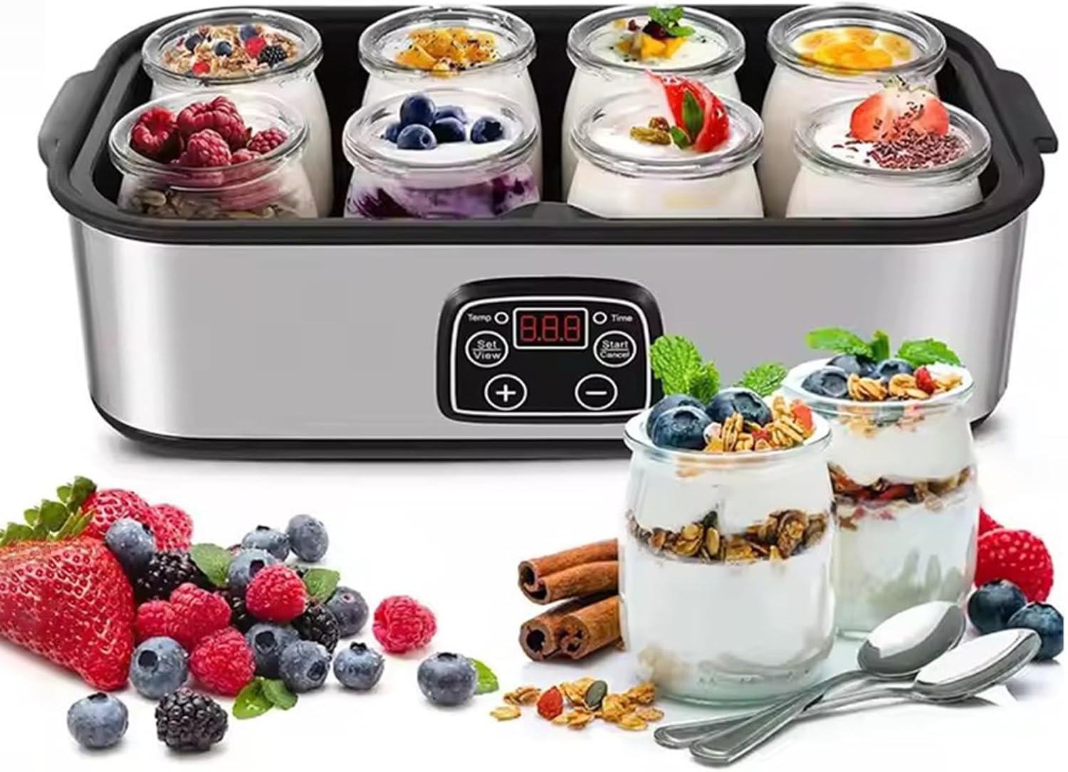 Automatic Digital Yogurt Maker with 8 Glass Jars (175ml Each), Stainless Steel Probiotic Yogurt Machine with LCD Display & Constant Temperature Control