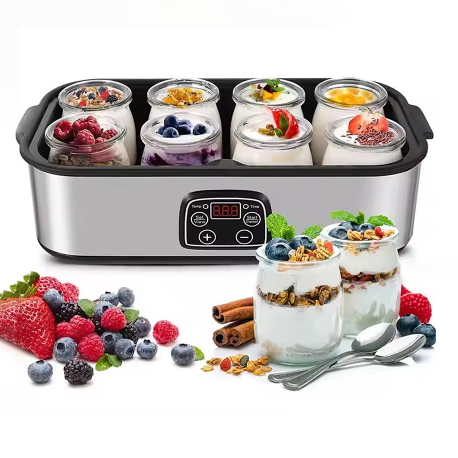 FVPJUXSG Automatic Digital Yogurt Maker with 8 Glass Jars (175ml Each), Stainless Steel Probiotic Yogurt Machine with LCD Display & Constant Temperature Control