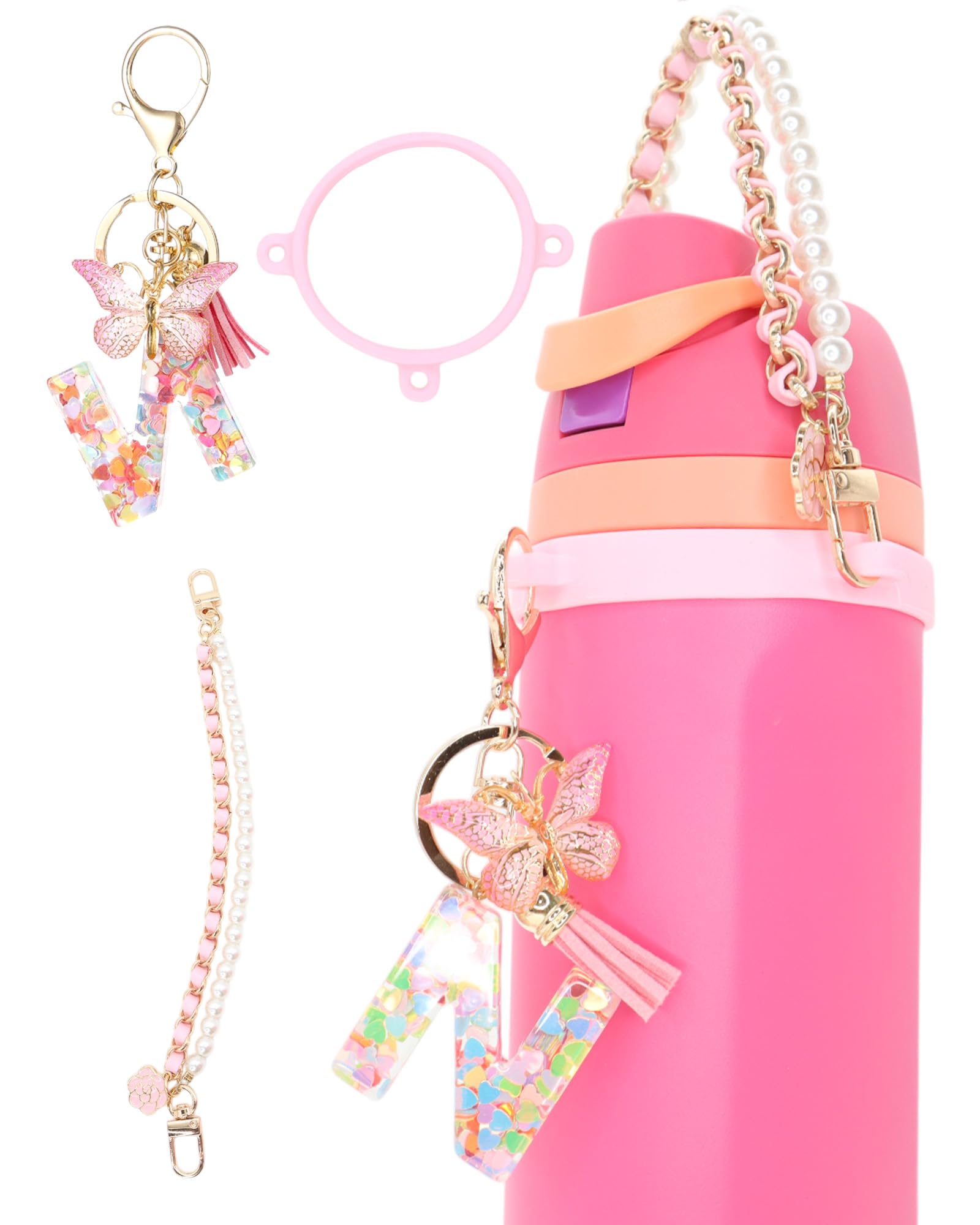 TOVICE Letter Accessories for Owala Water Bottle 24-40oz, 3PC Cute Initial Keychain & Water Bottle Handle Strap with a Thick Elastic Silicone Ring