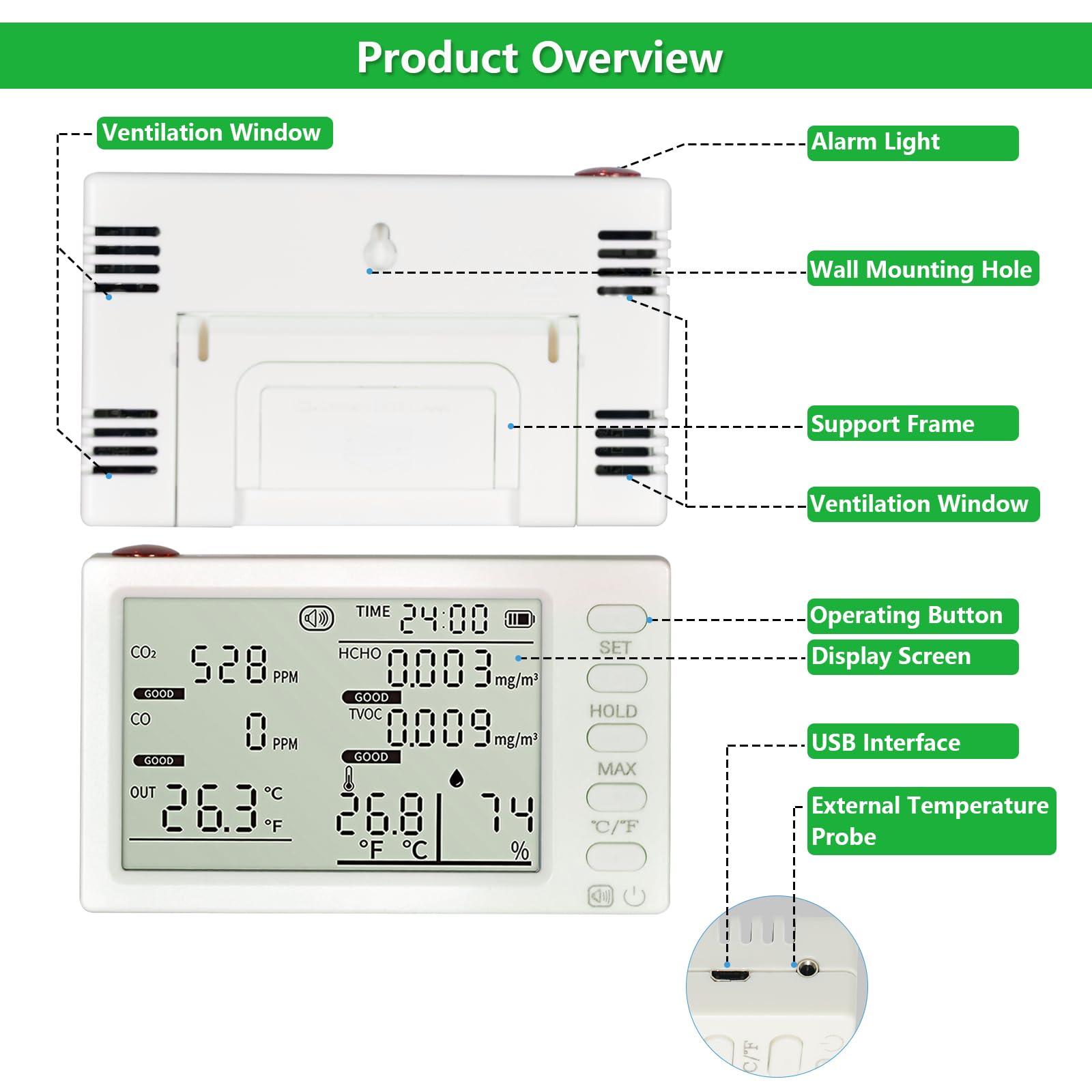 Detector de calidad del aire y termómetro de carne con sonda larga, CO, CO2, HCHO, TVOC, humedad, tiempo y monitor de temperatura ambiente, temporizador de cocina, lectura instantánea de