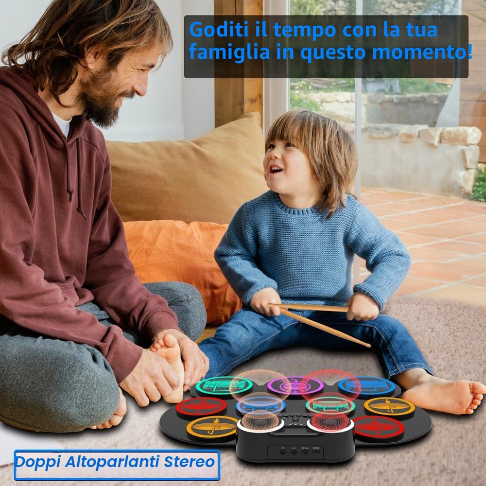 Batteria Elettronica Portatile con Bluetooth e MIDI - 9 Pads Batteria Elettrica, Altoparlanti Stereo Integrati, Batteria Ricaricabile, Ideale Regalo Natale e Compleanno per Bambini e Adulti