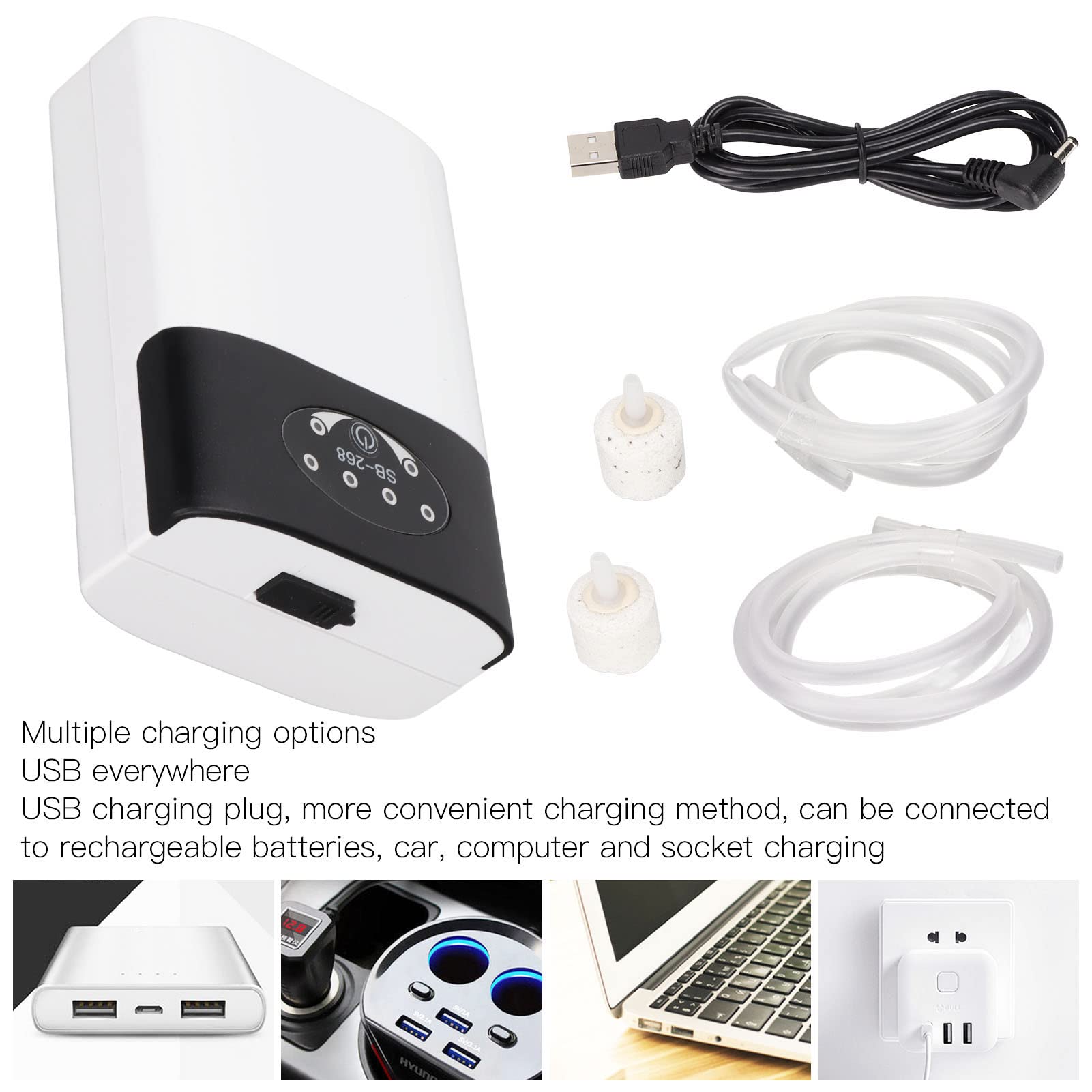 Pompa Powietrza do Akwarium, Przenośna Pompa Tlenowa USB Akumulatorowa, Cichy Napowietrzacz do Akwarium z Kamieniami Napowietrzającymi, Napowietrzacz Pompa Tlenowa do Akwarium Wędkarstwo na świeżym Po