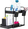 Innoteck Under Sink Organiser 2-Tier Storage Rack with 4 Hooks & 2 Cups, Slide-Out Basket Design for Kitchen or Bathroom, Matte Black Under-Sink Shelf – H40 × L39 × D30cm
