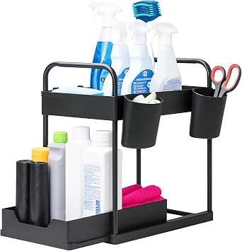 Innoteck Under Sink Organiser 2-Tier Storage Rack with 4 Hooks & 2 Cups, Slide-Out Basket Design for Kitchen or Bathroom, Matte Black Under-Sink Shelf   H40   L39   D30cm