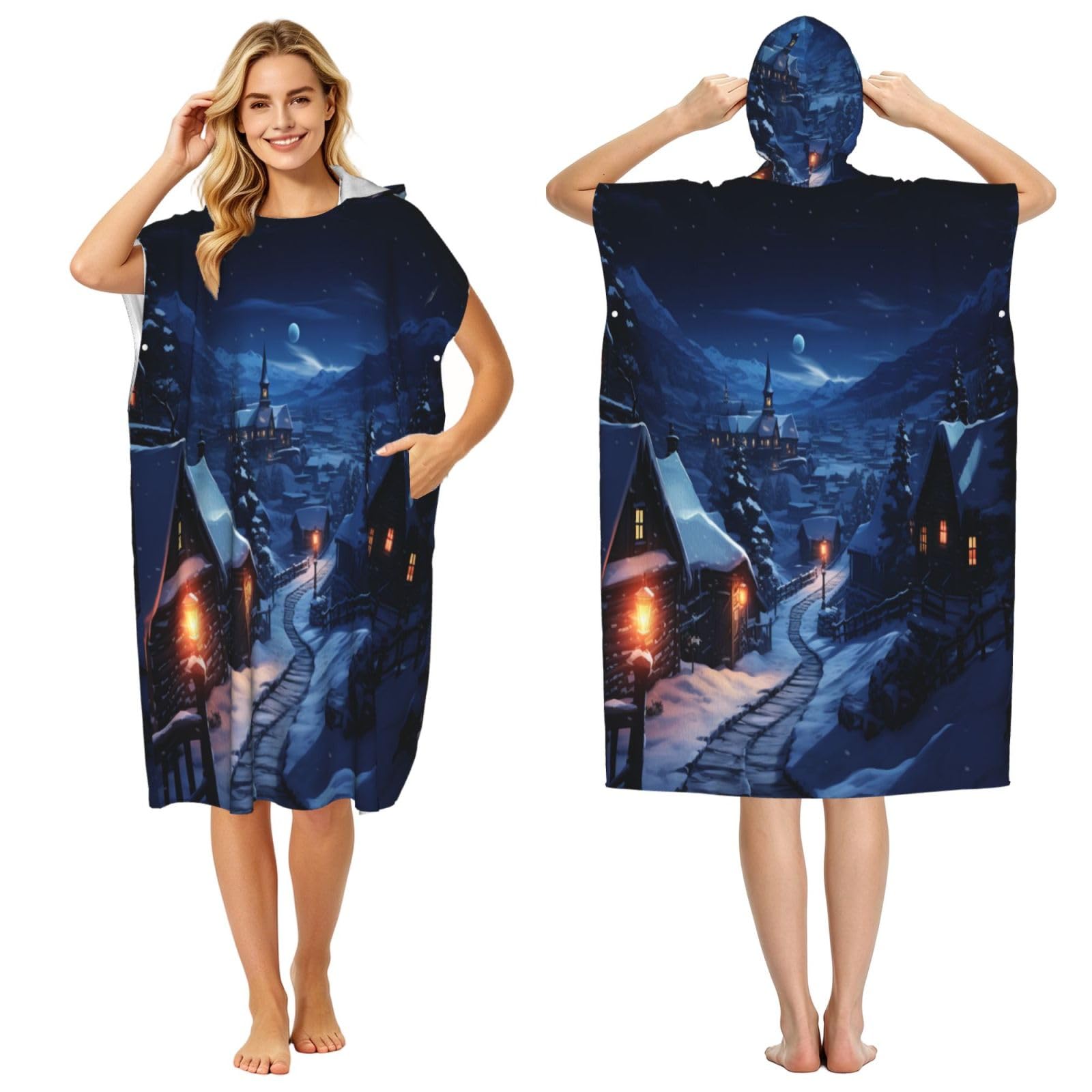 DTHKJNLSF Village On A Snowy Day Adult Hooded Beach Poncho Towel