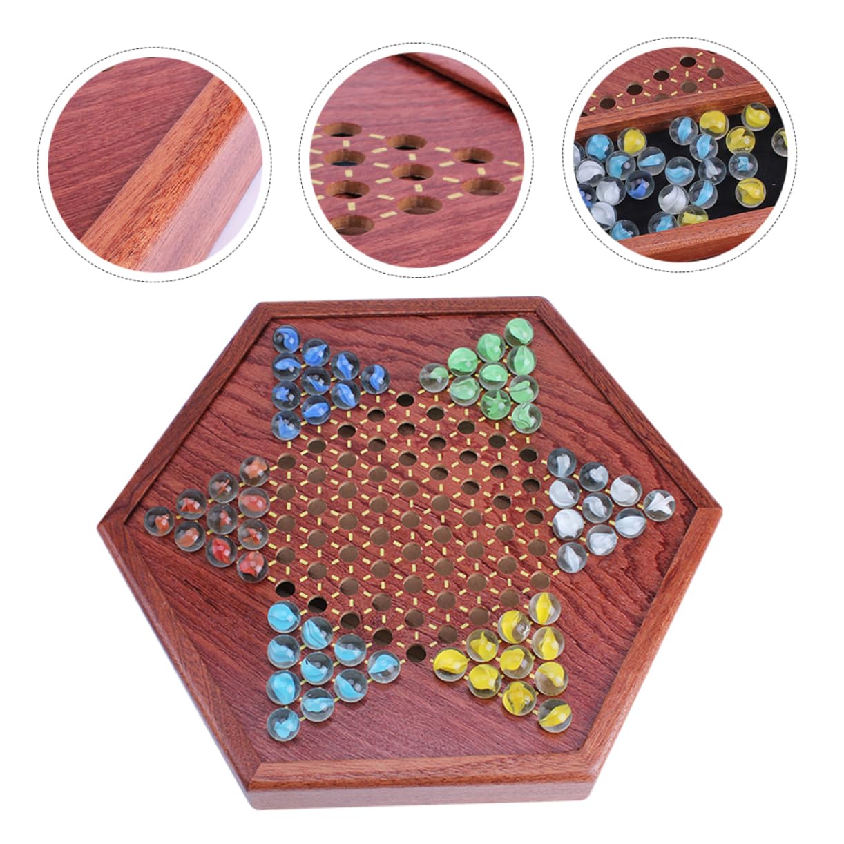 Damas Chinas de Madera Marrón con Cajón y Canicas de Vidrio | Juego de Mesa Hexagonal, 1 Set, Estrategia para Varios Jugadores, Entretenimiento Familiar