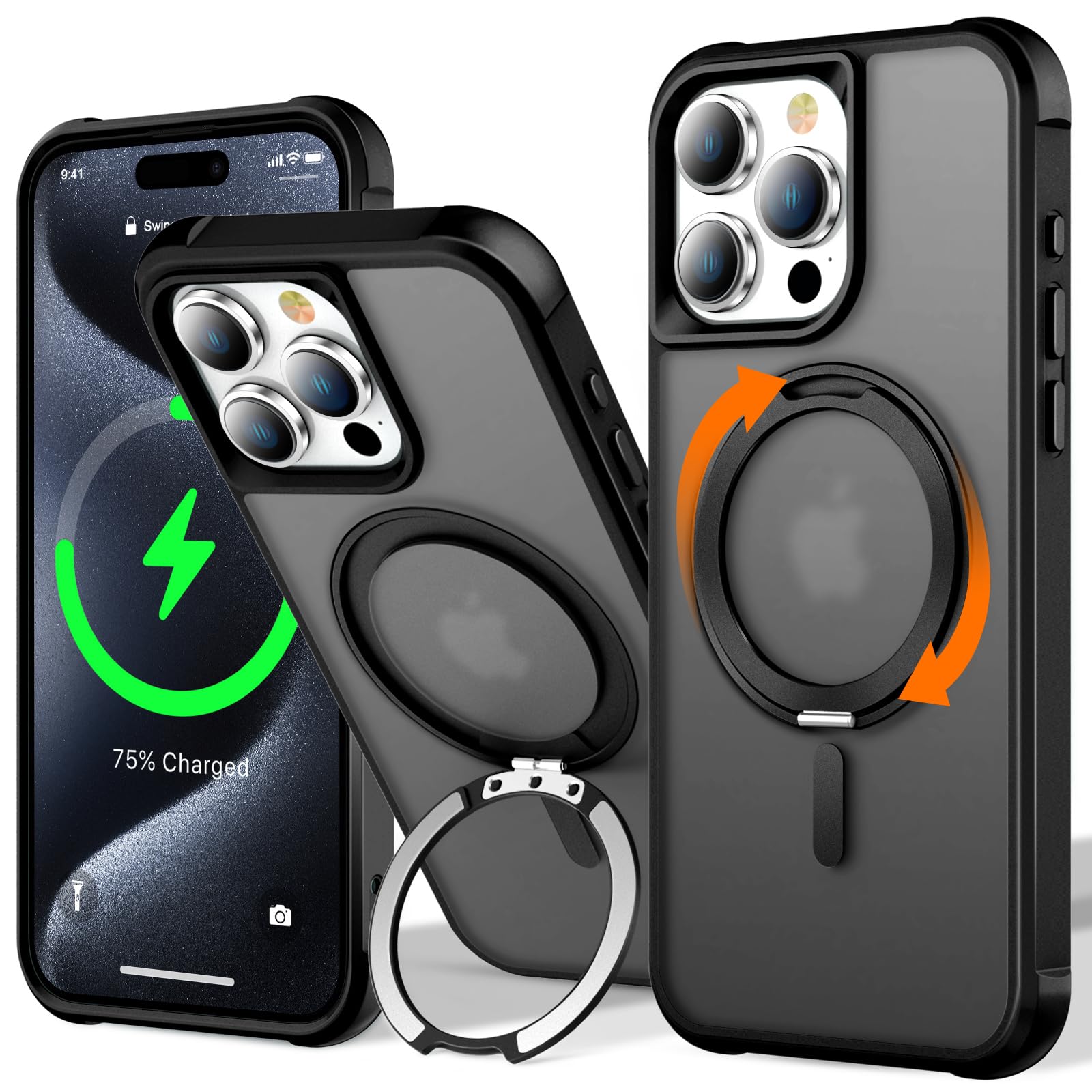 UMIONE 360° Rotatable Magnetic Ring Design for iPhone 15 Pro, Built-in Invisible Loop Stand, Compatible with Magsafe, Translucent Ultra Slim Military