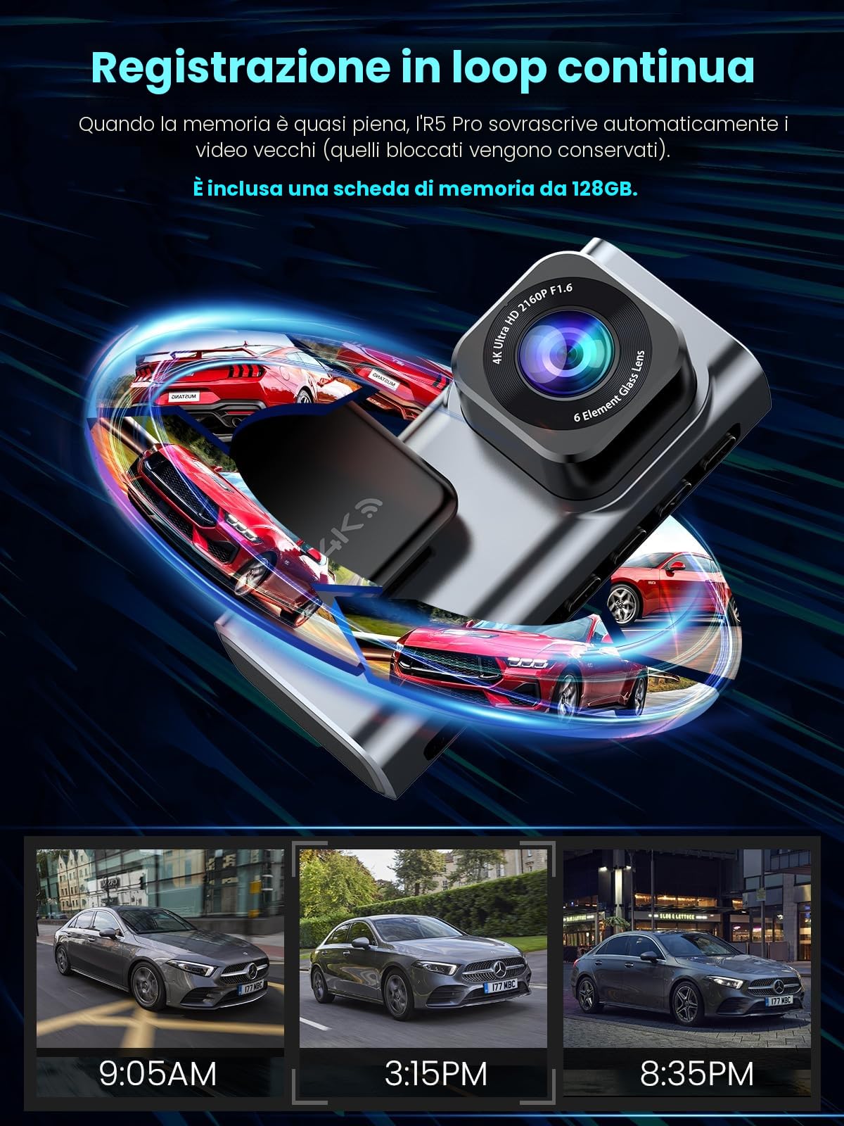 R5 Pro Dash Cam 4K/2.5K per Auto, Telecamera Doppia Anteriore e Posteriore, WiFi 5GHz, GPS, SD 128GB Inclusa, Schermo IPS 3.16", Parcheggio 24H, Visione Notturna, G-Sensor, 256GB Max