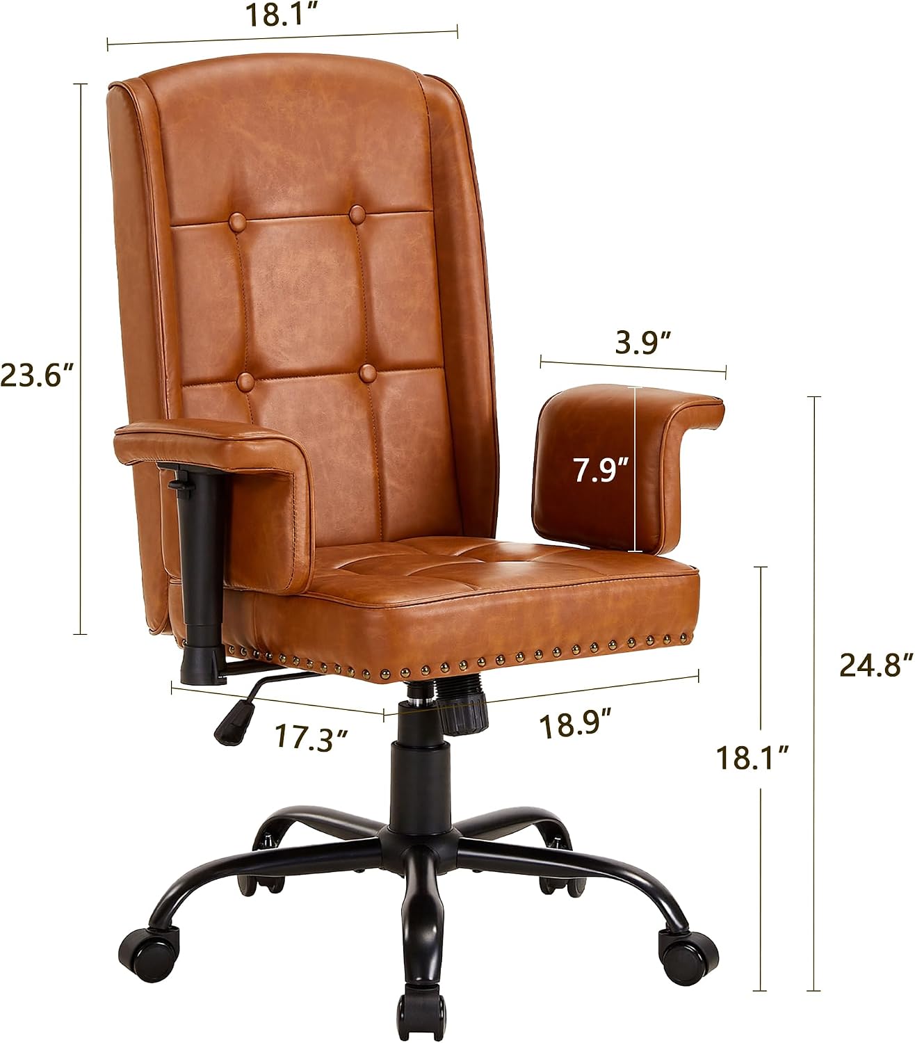 VECELO High Back Executive Office Chair with Wheels – PU Leather Ergonomic Desk Chair, Adjustable Height & Padded Armrests, Swivel Task Chair for Home Office, Brown