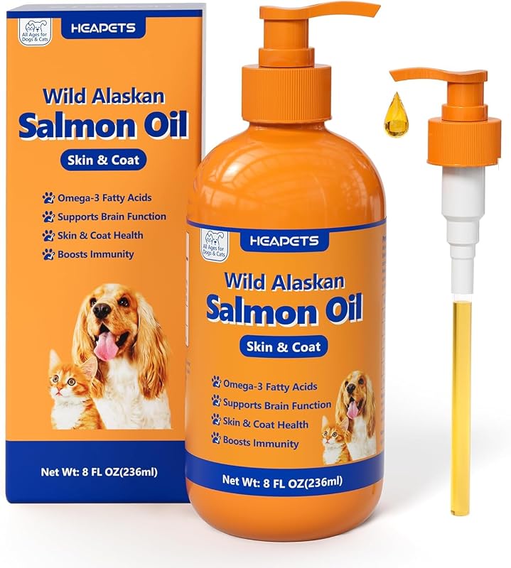 Suplemento de Óleo de Salmão Selvagem do Alasca para Cães e Gatos HEAPETS com Ômega 3, EPA e DHA com Bomba, 240 mL