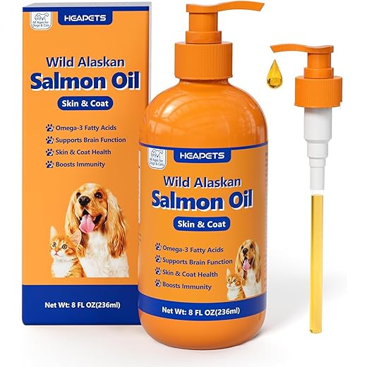 Wild Alaskan Salmon Oil for Dogs & Cats, Fish Oil Omega 3 Supplements with EPA & DHA for Skin & Coat, Immune, Brain, Joint and Heart Health, Dog & Cat Fish Oil Supplements with Pump- 8 oz