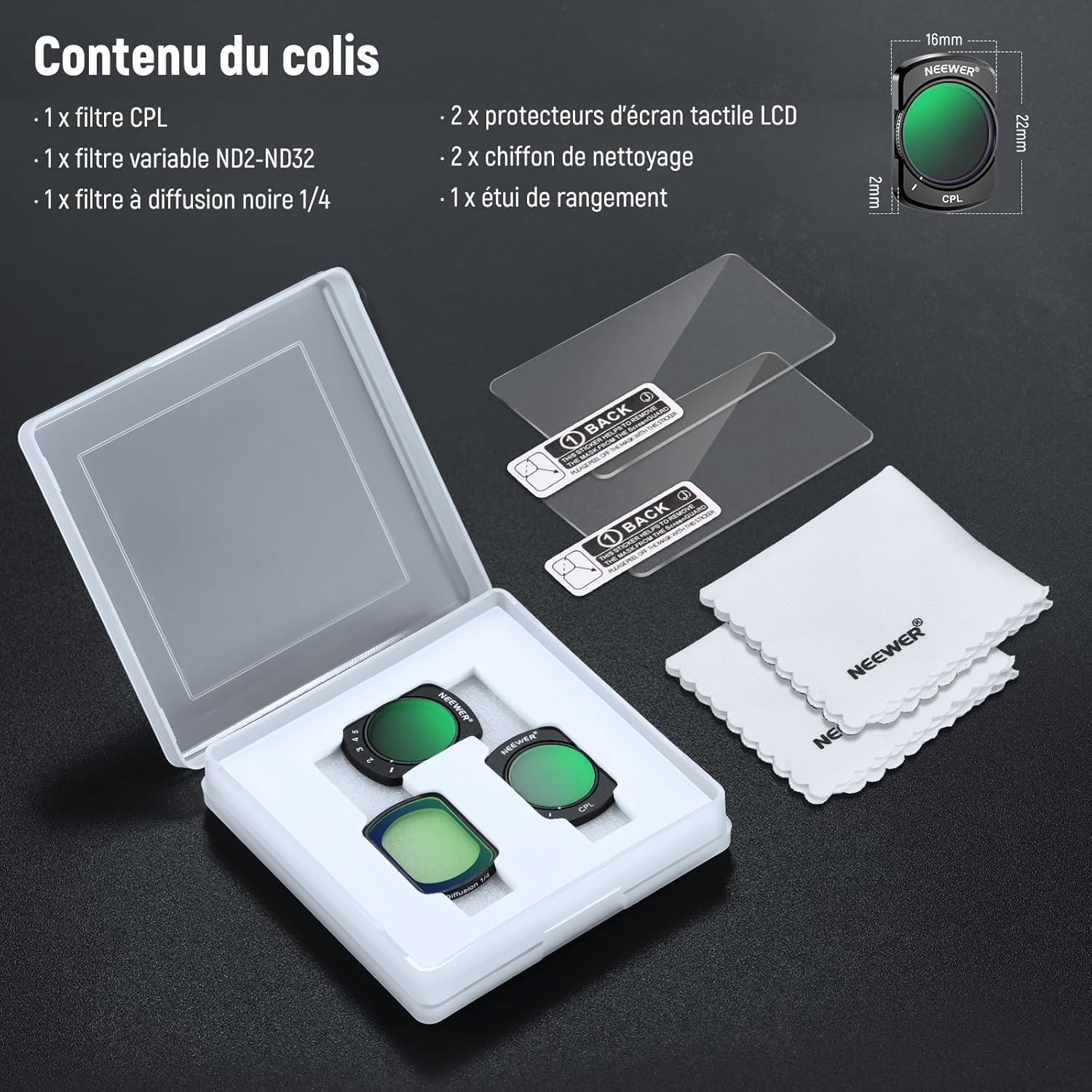 NEEWER Filtre Variable ND+CPL+1/4" Diffusion Noir Compatible DJI Osmo Pocket 4 3, ND2-32, HD Multicouches avec 2 Protections d'écran
