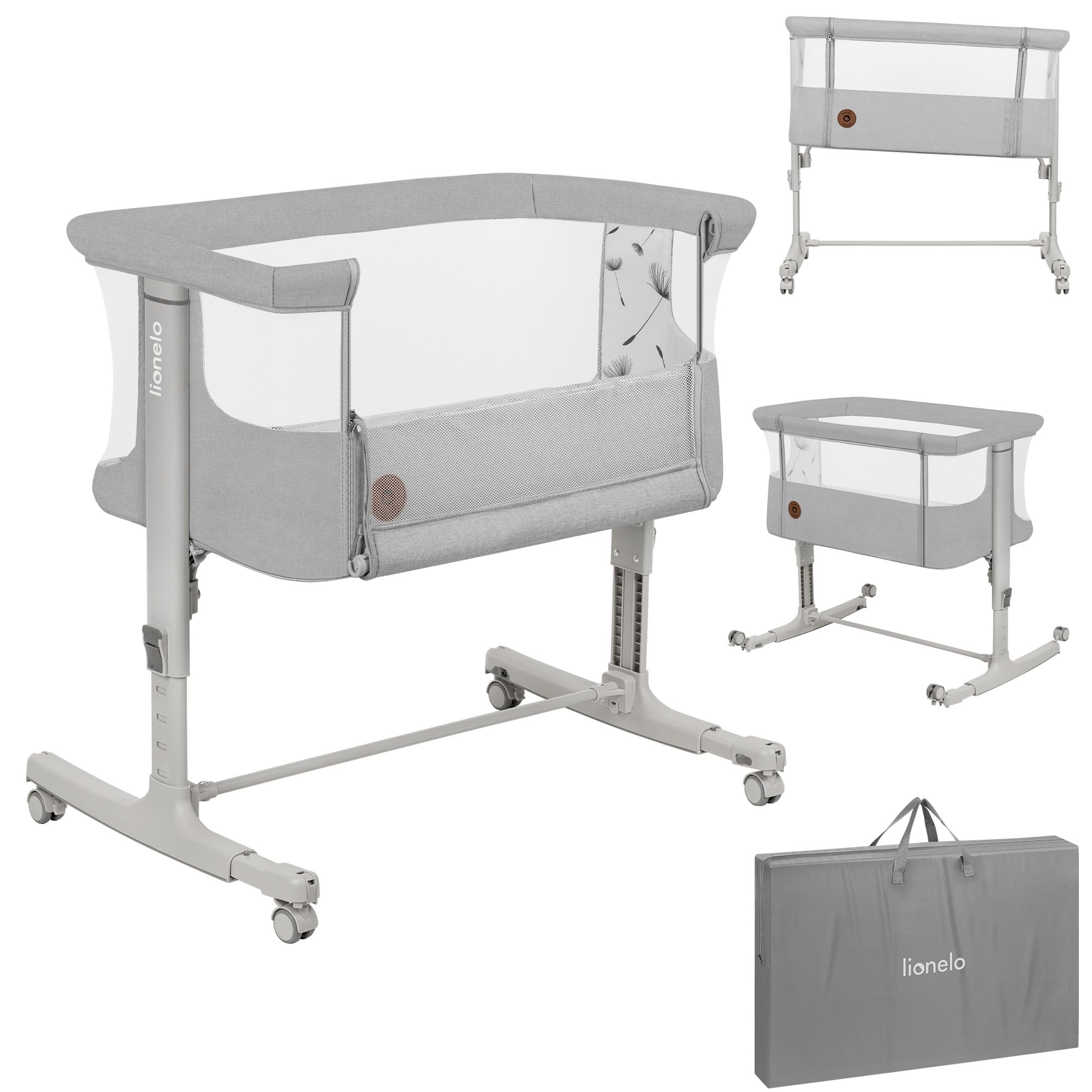 Lionelo Aurora 3 in 1 Babybett bis 9 kg, Beistellbett, Wiege, Höhenverstellug und Einstellung der Neigung der Matratze, 4 Räder mit Bremse Ergonomische Matratze Tasche