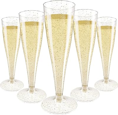 Plastic Champagne Flutes 4.5oz 50 Pack,Gold Glitter Plastic Champagne Stemware, Wine Glasses, Toasting Glasses Reusable Cups for Party Wedding Cocktail Cups
