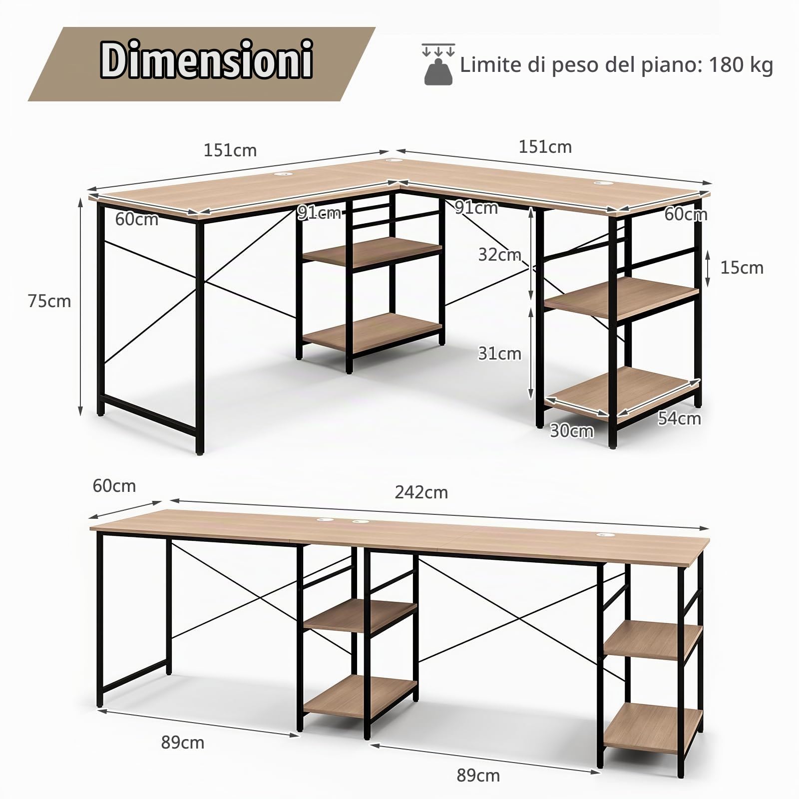 GIANTEX Scrivania angolare a forma di L, tavolo per computer convertibile con 4 ripiani e 3 fori per cavi, scrivania da gioco e scrittura per ufficio a casa (naturale)
