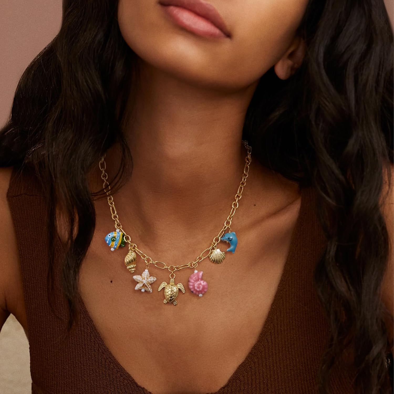 KissYan Charm Necklace for Women, 14K Gold Plated Heart Starfish Sun Pendant Fashion Link Chain Boho Summer Beach Jewelry Gifts - Image 4