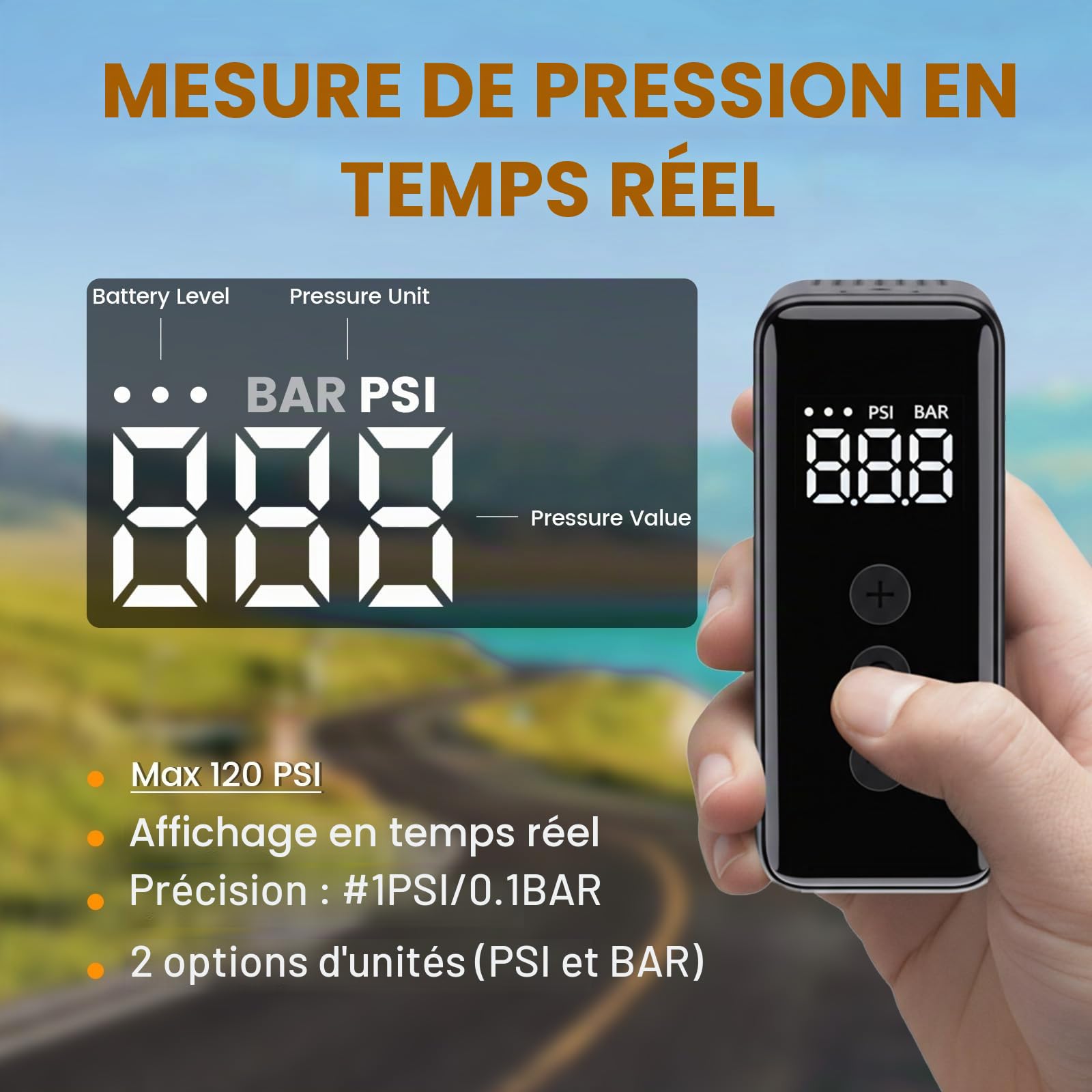 WARMTUYO Pompe à Air Électrique, Mini Pompe Vélo Électrique 120 PSI avec Manomètre, Arrêt Automatique, Compatible Valves Presta et Schrader, pour VTT, Vélo Urbain et de Route