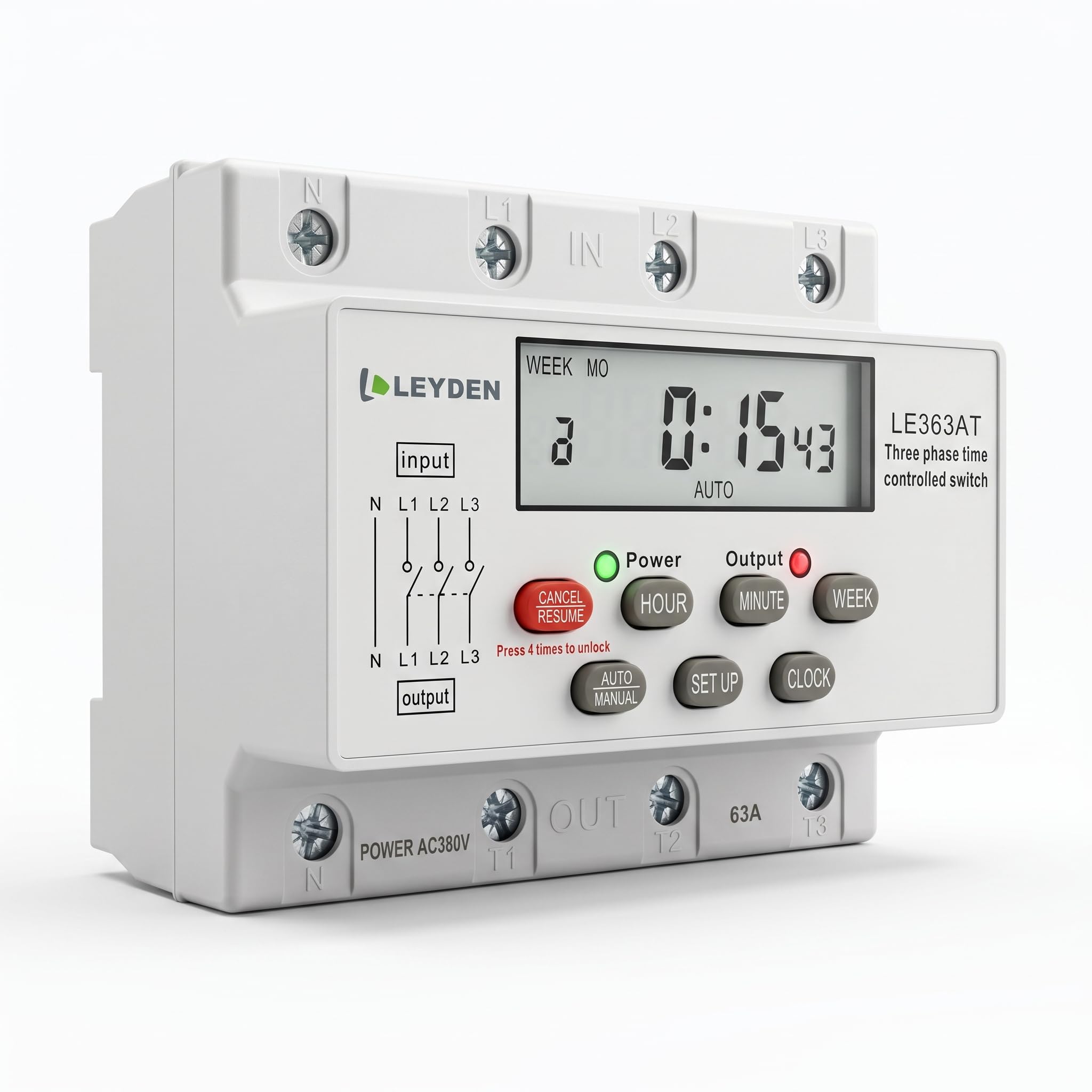 LEYDEN LE363AT 63A 380-440VAC Three Phase Digital Timer Switch, Real Clock Based 24 ON/Off Programs/Day, Cyclic Timer 1sec-24 Hours ON/Off, Auto Off/ON Delay, Manual Start/Stop, DIN Rail Mount-image-2