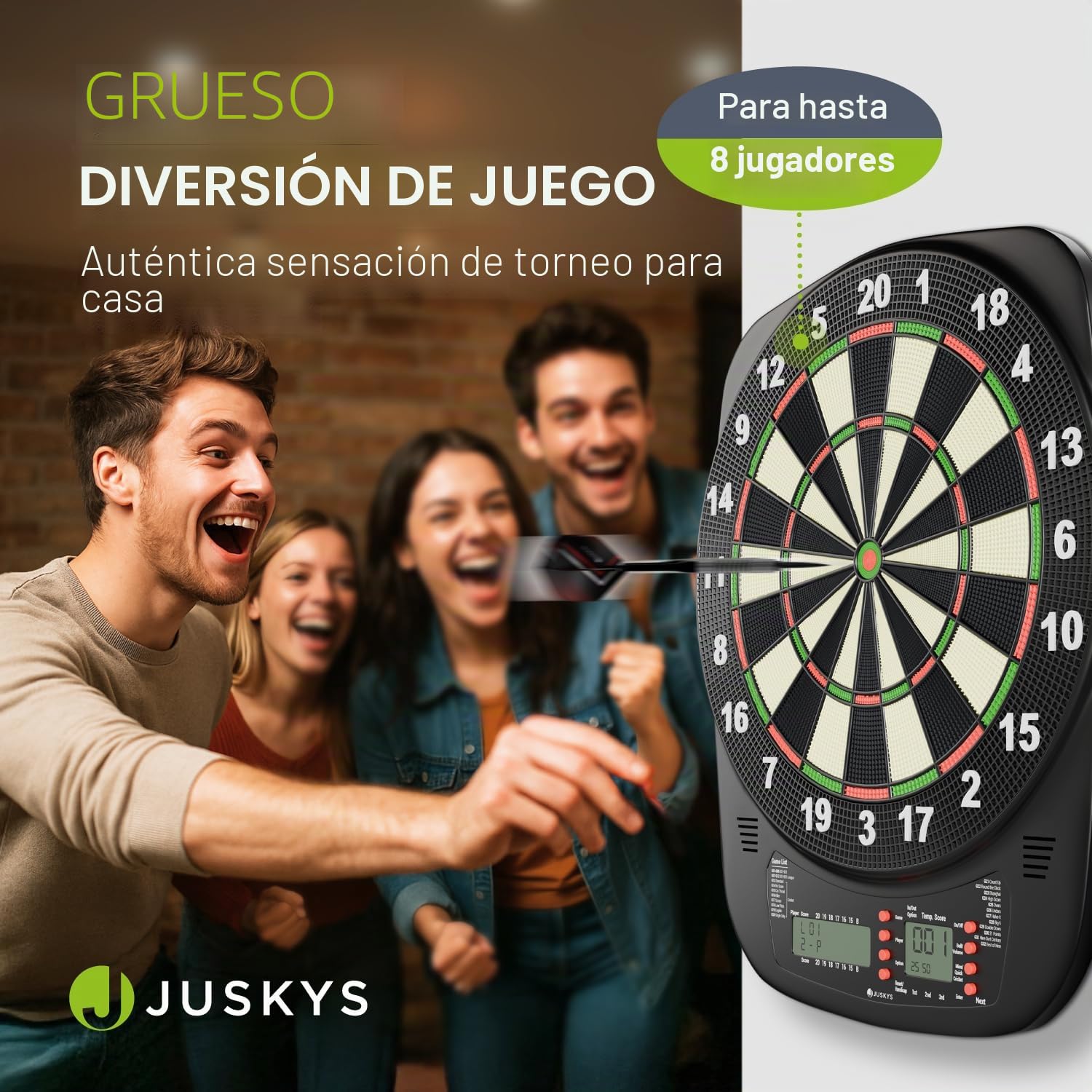 Juskys Diana electrónica con 32 juegos y 359 variantes, pantalla LCD, USB-C, flechas y accesorios, para hasta 8 jugadores, funciona con red y batería