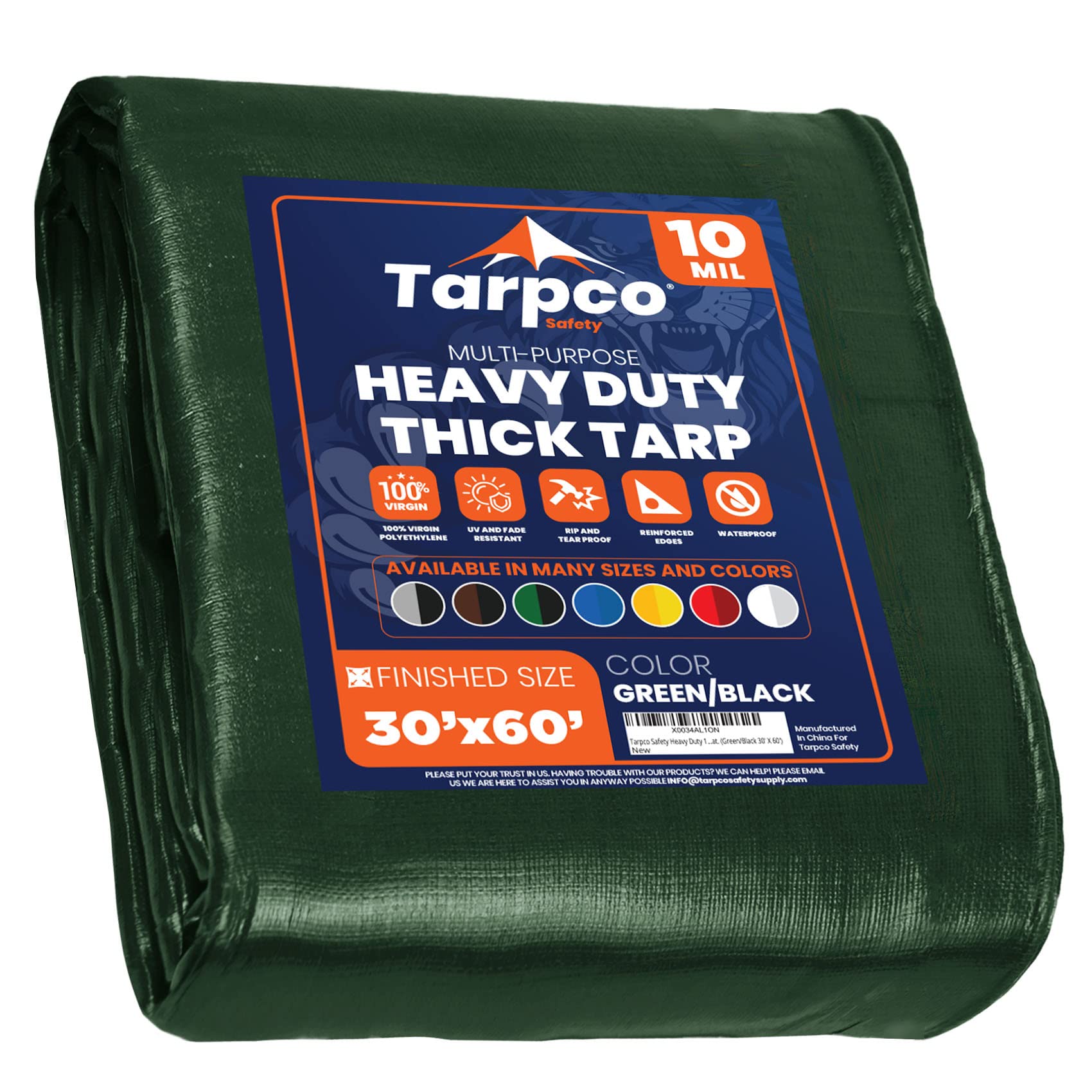 Heavy Duty 10 Mil Tarp Cover, Waterproof, UV Resistant, Rip and Tear Proof, Poly Tarpaulin with Reinforced Edges for Camping, Roof, Patio, Pool, Boat. (Green/Black 30′ X 60′)