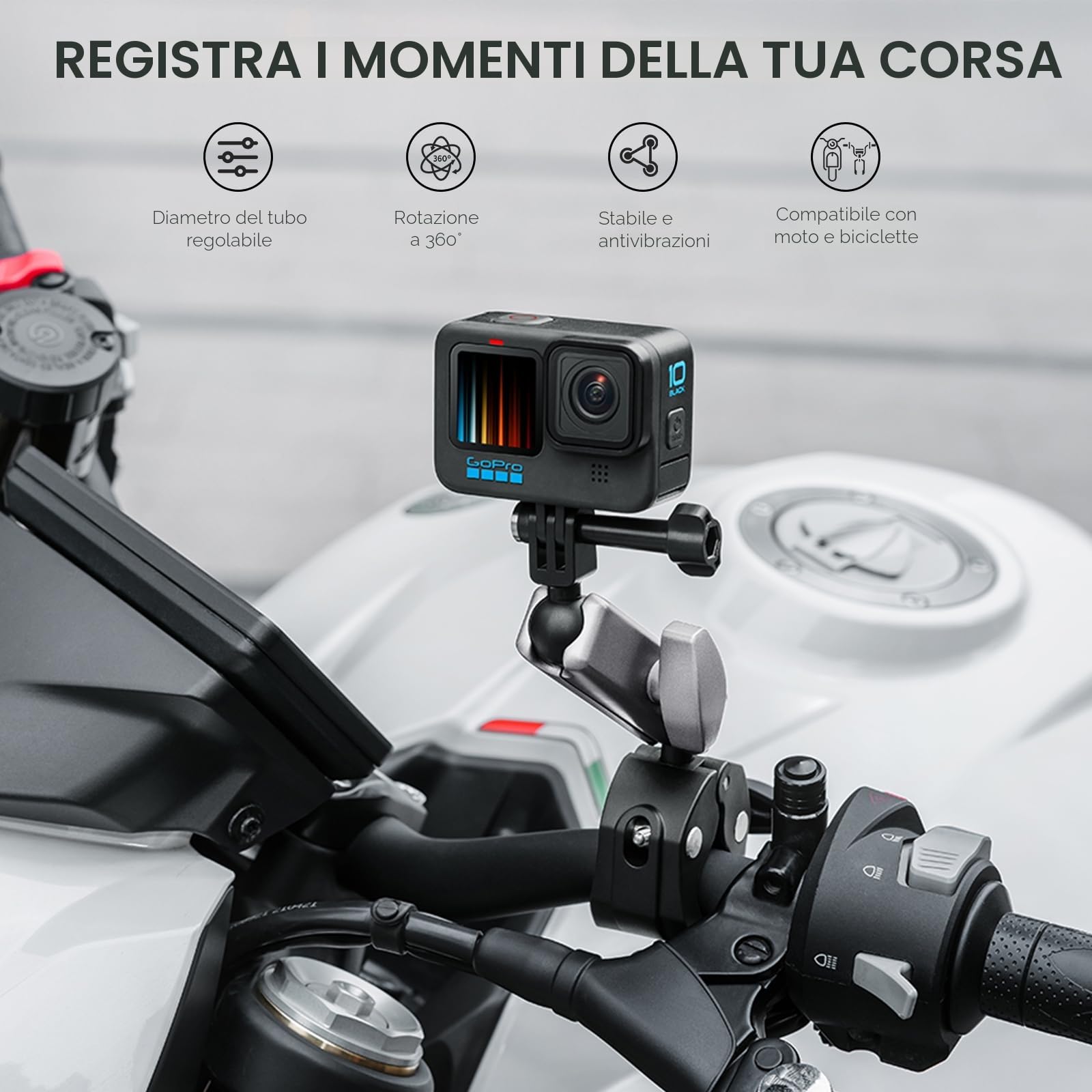 REYGEAK Supporto per fotocamera a doppia testa a sfera a 360° con viti da 1/4, supporto per manubrio per bicicletta a doppio artiglio per Gopro Max Hero 13/12/11/10/9