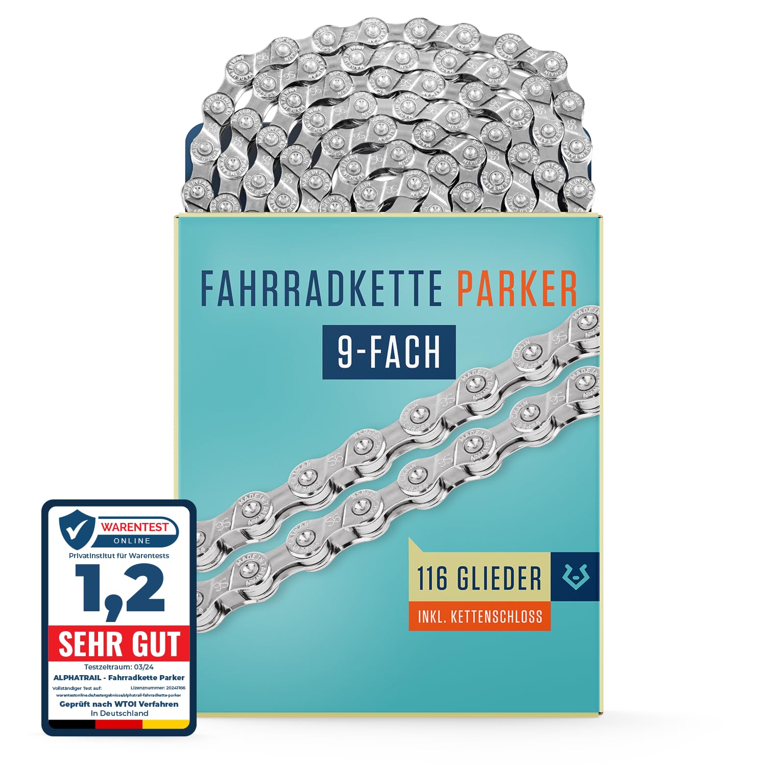 Alphatrail Fahrradkette Parker 9-fach 116 Glieder I Kompatibel mit Shimano, SRAM, KMC, Connex I Inkl. Kettenschloss