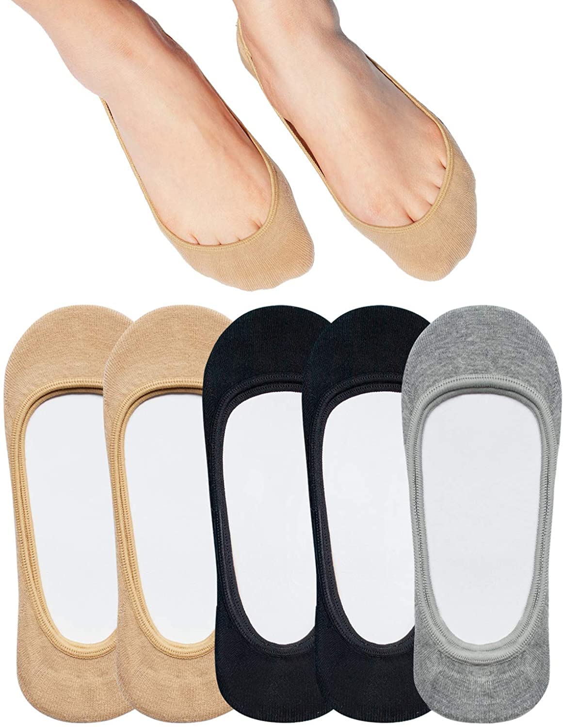 WKLOUYHE Linen Blend No Show Socks Women For Flats Non Slip Invisible Ultra Low Cut Socks For Shoe_Free Size(2Black+2Beige+1Gray)