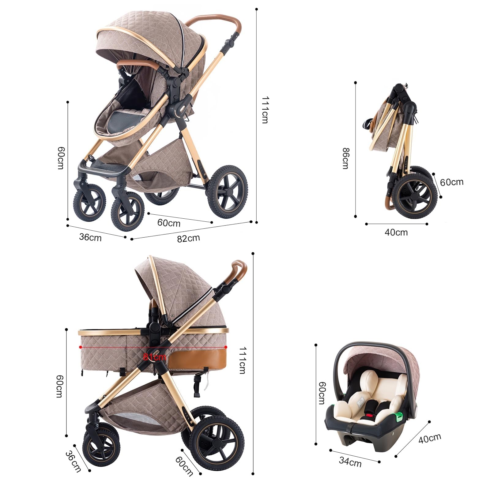 BEBBY Kinderwagen 3 in 1,Kinderwagen Buggy Mit Babyschale,Mit Höhenverstellbarer buggy Komplettset Faltbare tragbare,Buggys Mit Aluminiumrahmen für Neugeborene 0 bis 3 Jahre (Pink-6, H2)