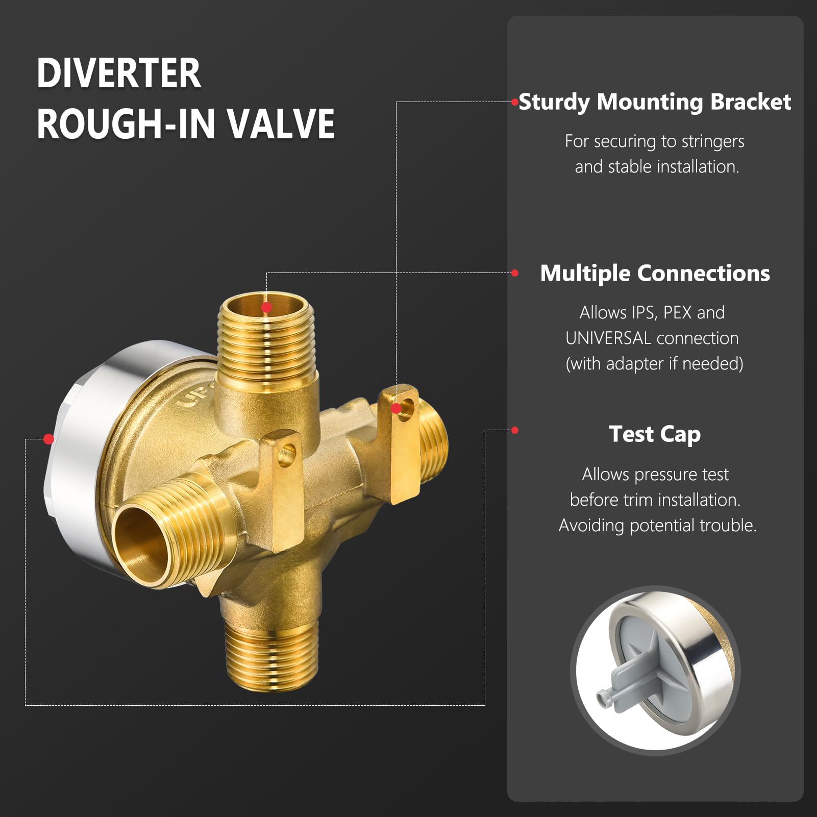 R11000 Rough-In Valve For Diverter Shower – Solid Brass 3-Port, Works With 3 Or 6-Setting Trim Kits, Compatible With R10000 Series For Temp Control – Pressure Test Cap Included