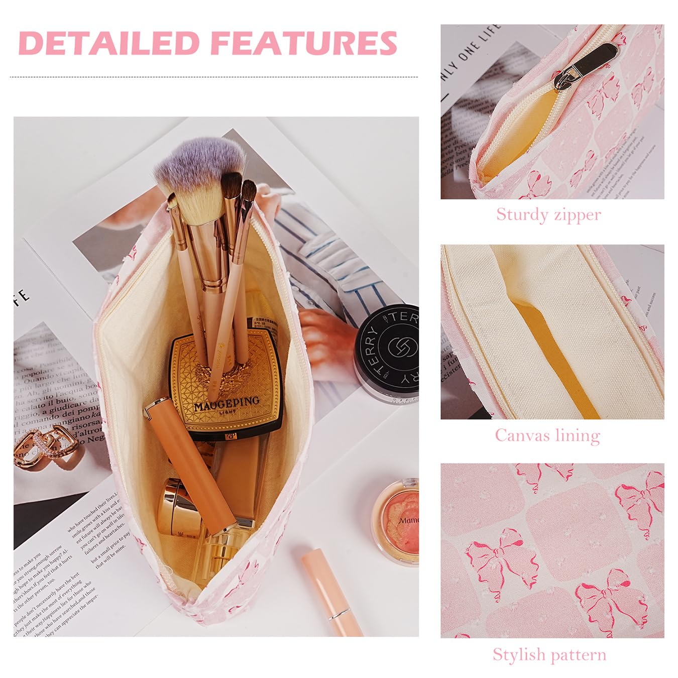 Large Makeup Bag for Purse Pink Grid Bow Cosmetic Bag for Women Girls Cute Pink Bowknot Canvas Travel Toiletry Bag Organizer - Image 4