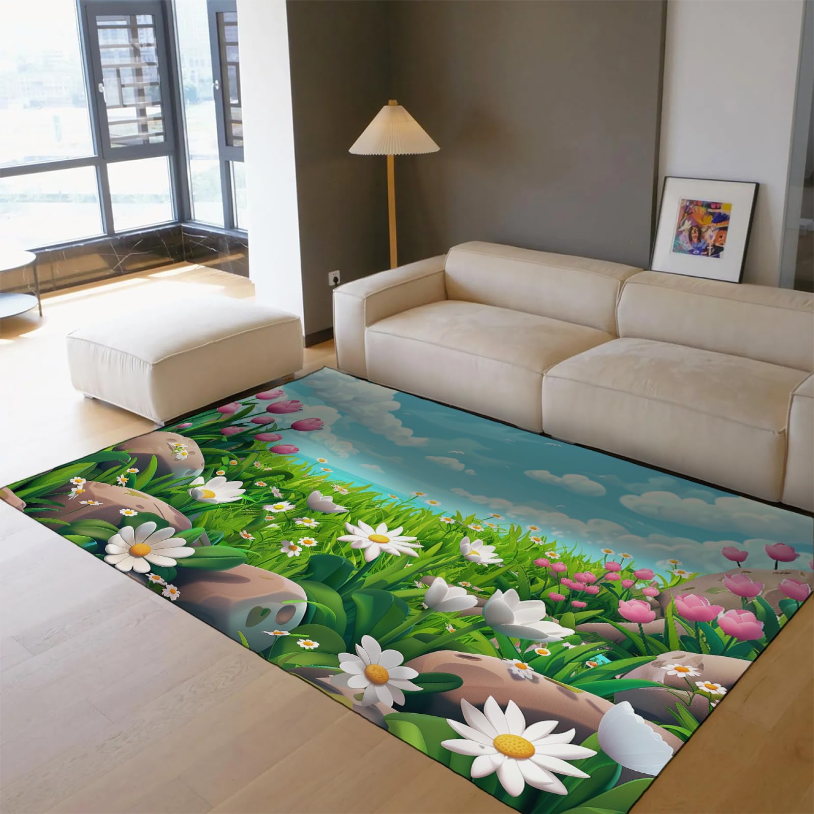 Tapis de Marguerite pour Fille garçon Chambre d’Enfant Tapis Floraux Modernes pour Chambre de bébé Salle de Jeux Tulipe Tapis de Sol pour Salle de Bain entrée Ciel Bleu 60x120cm