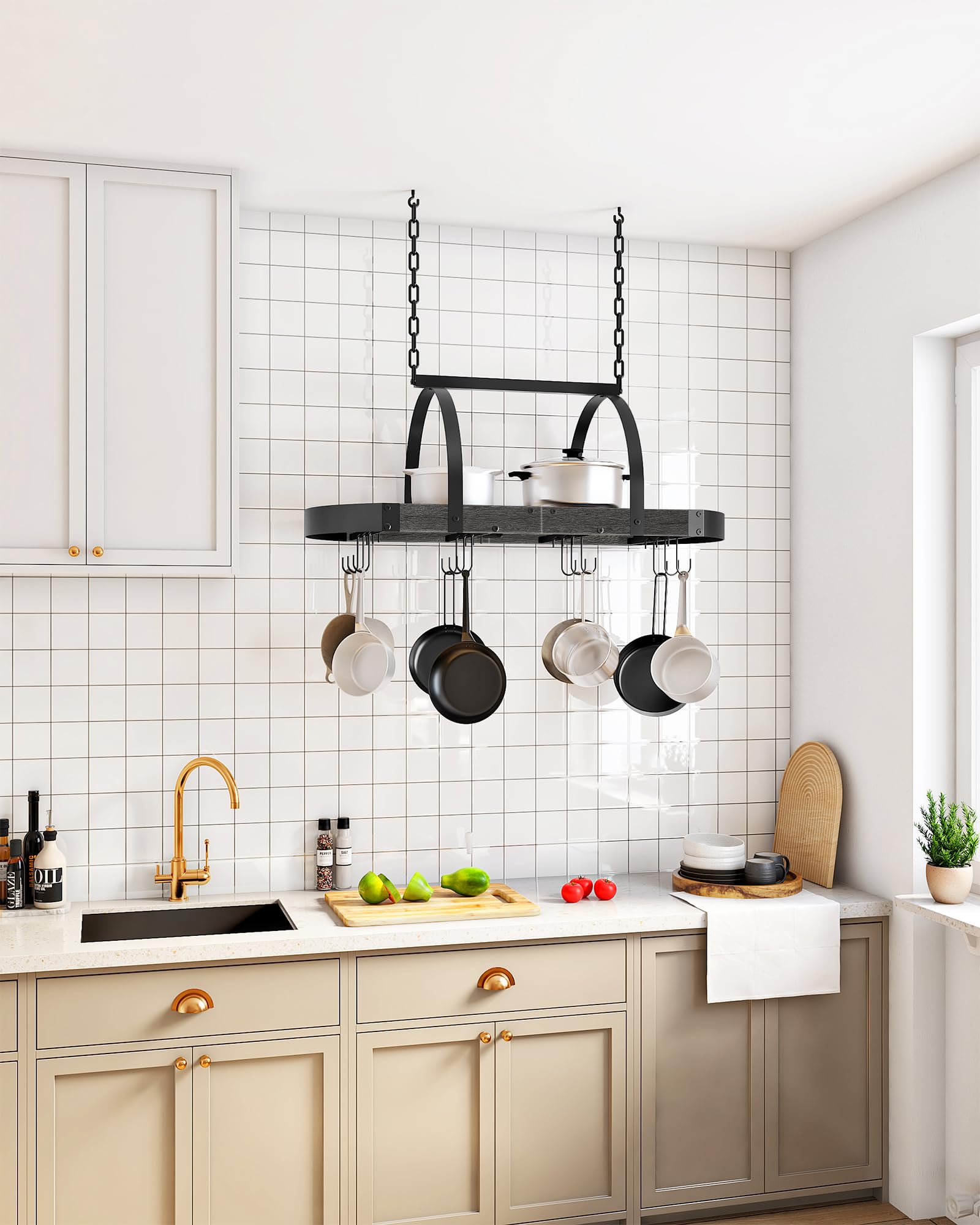 Porte-casseroles Suspendu Plafond Avec 12 Crochets - Dimensions 80x40.5 Cm, Charge 110 Kg, Couleur Marron Rustique Ou Noir