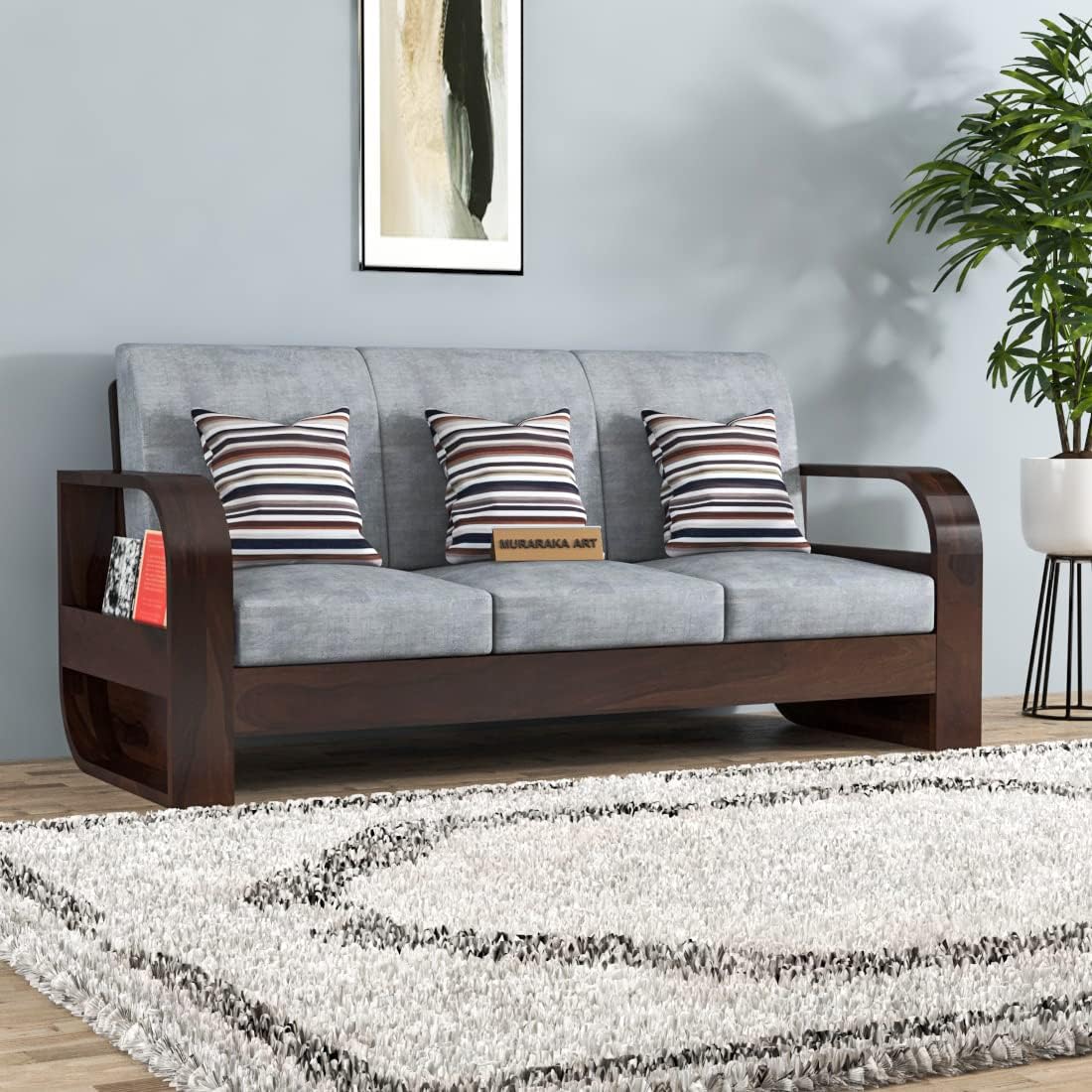 MURARAKA ART Sheesham Wood 3 Seater Sofa Set for Living Room Furniture Wooden Sofa Set 3 Seater for Home & Office (Three Seater Sofa, Walnut Finish) | 3 Person Sofa